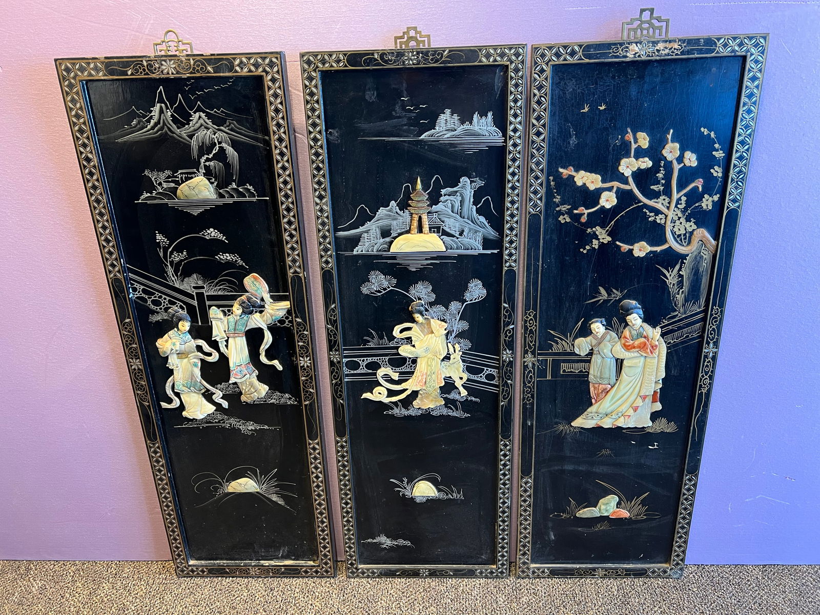 Lot of 3 Rectangle Black Oriental Wall Plaques: Lot of 5 Rectangle Black Oriental Wall Plaques