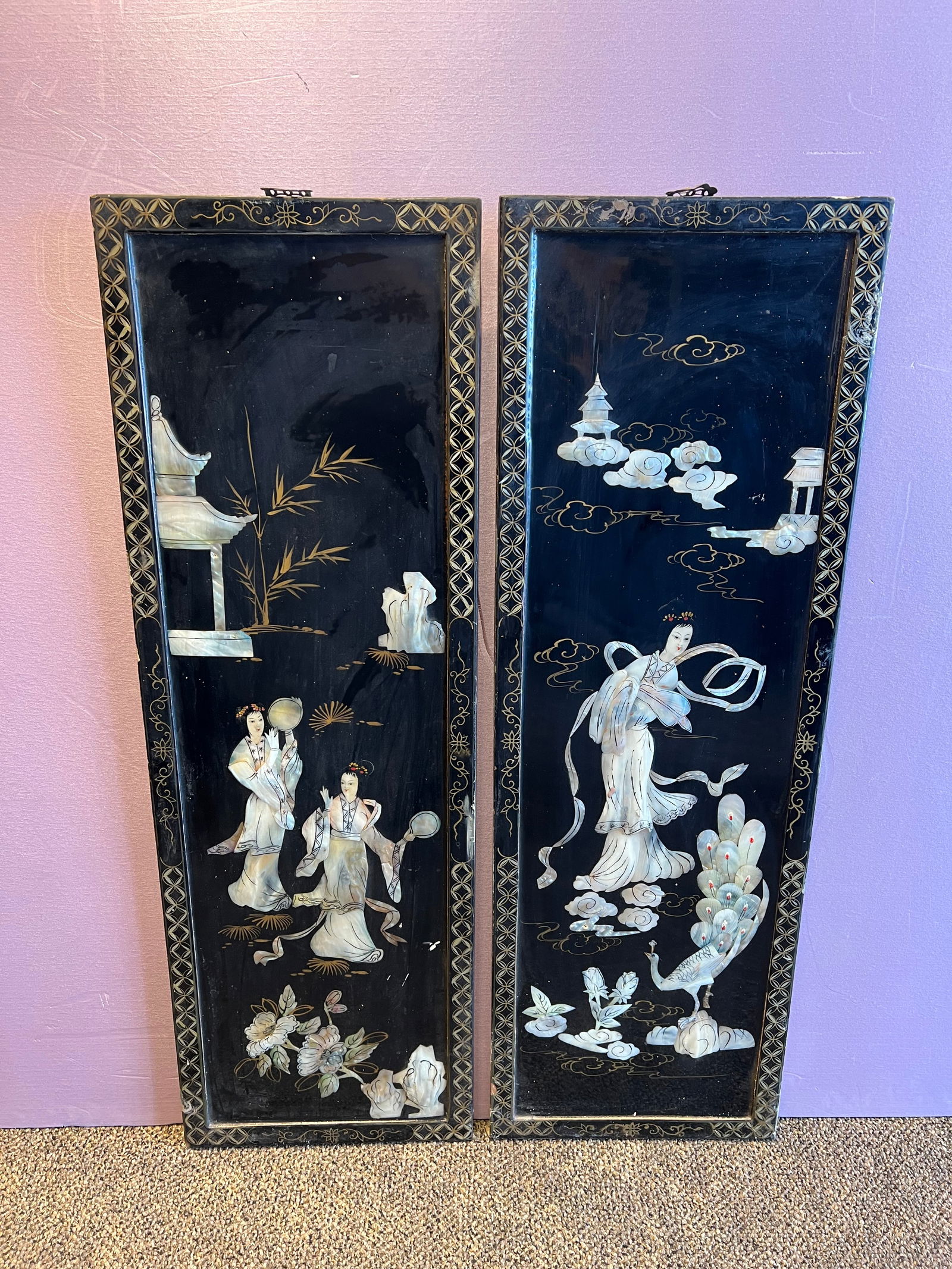 Lot of 2 Rectangle Black Oriental Wall Plaques: Lot of 2 Rectangle Black Oriental Wall Plaques
