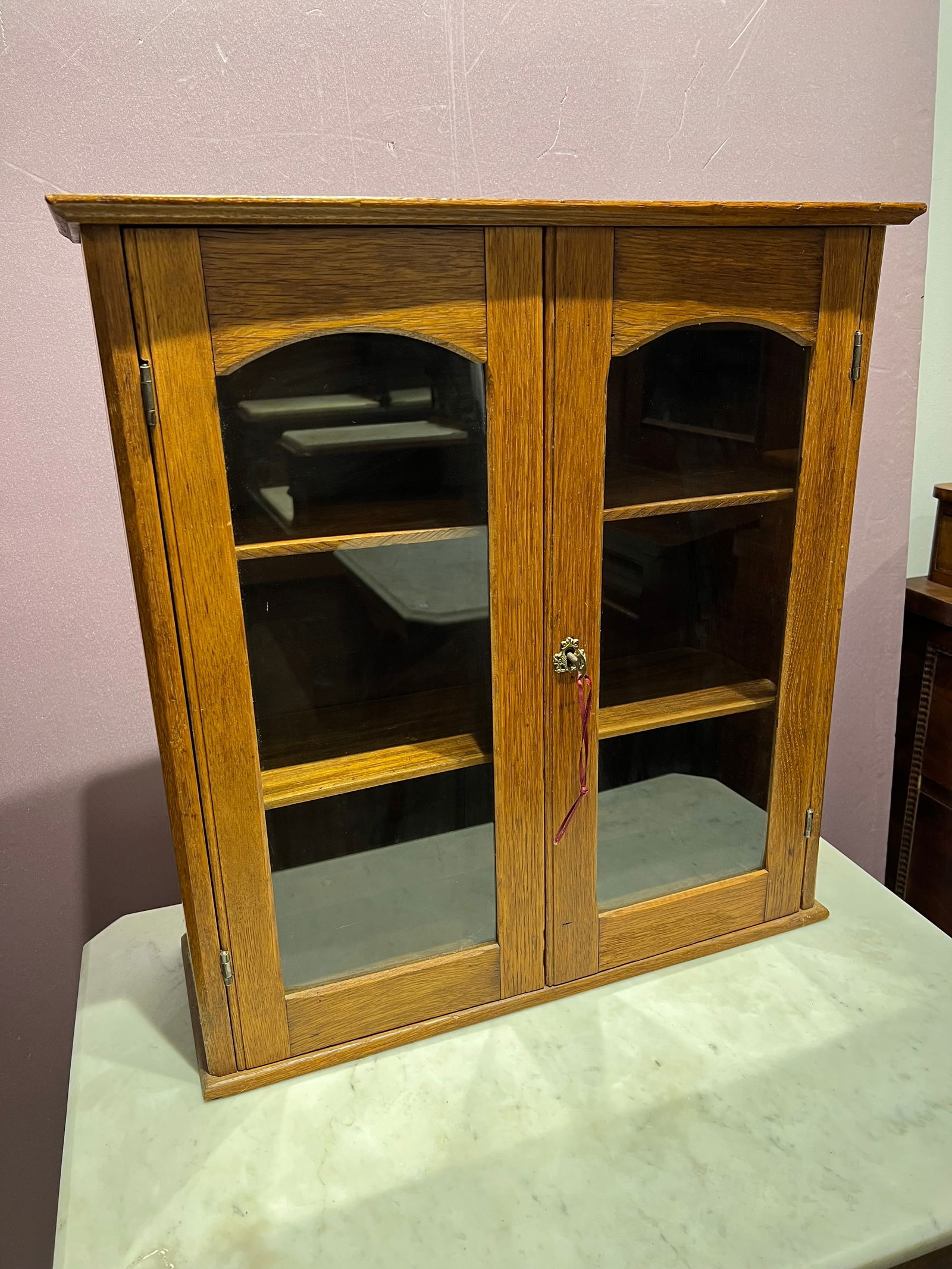 Small Oak Mounted Cabinet with Glass Doors: Small Oak Mounted Cabinet with Glass Doors