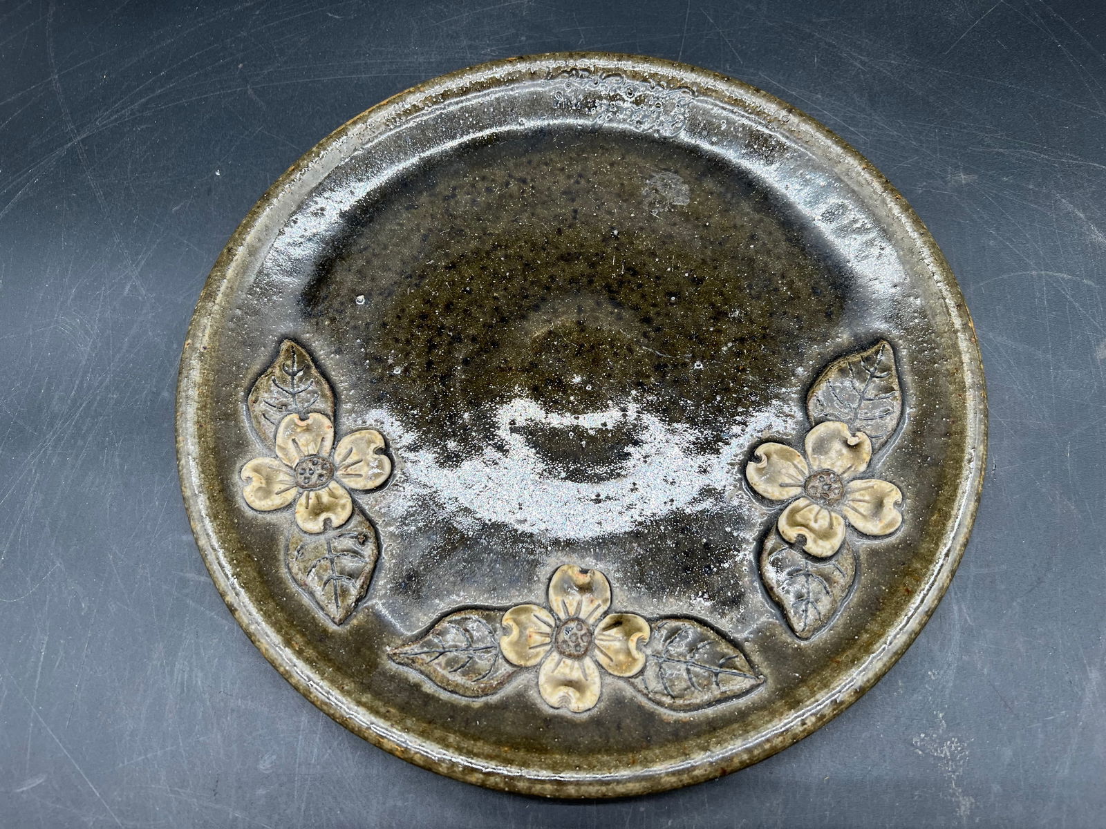 Signed Pauline Crocker Stoneware Pottery Plate: Signed Pauline Crocker Stoneware Pottery Plate. Brown glaze