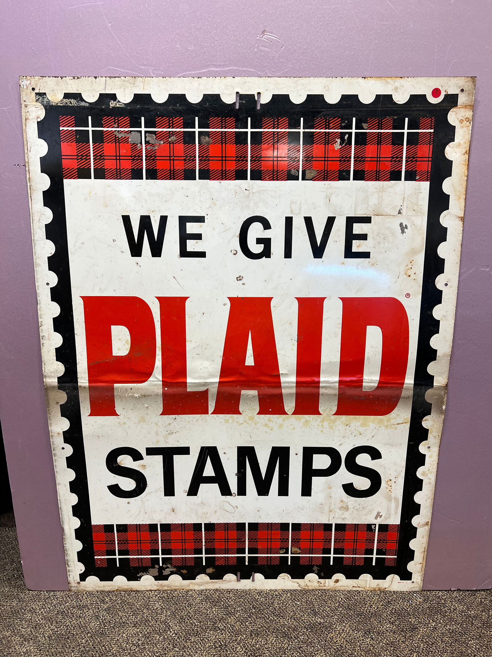 Metal Advertising Sign: Metal Advertising Sign “We Give Plaid Stamps”. One sided