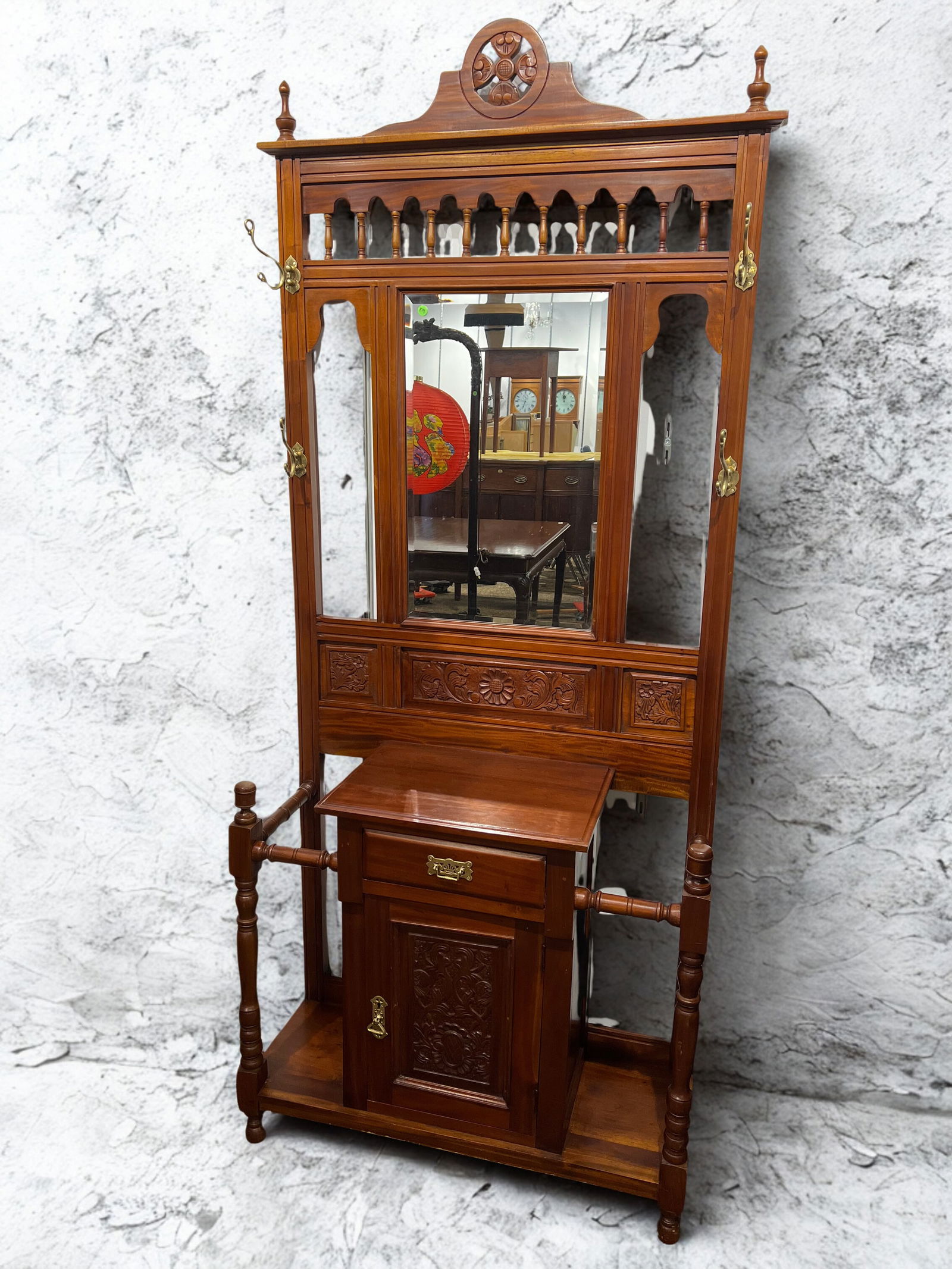 Mahogany Halltree: Mahogany Halltree. Brass hangers and handles