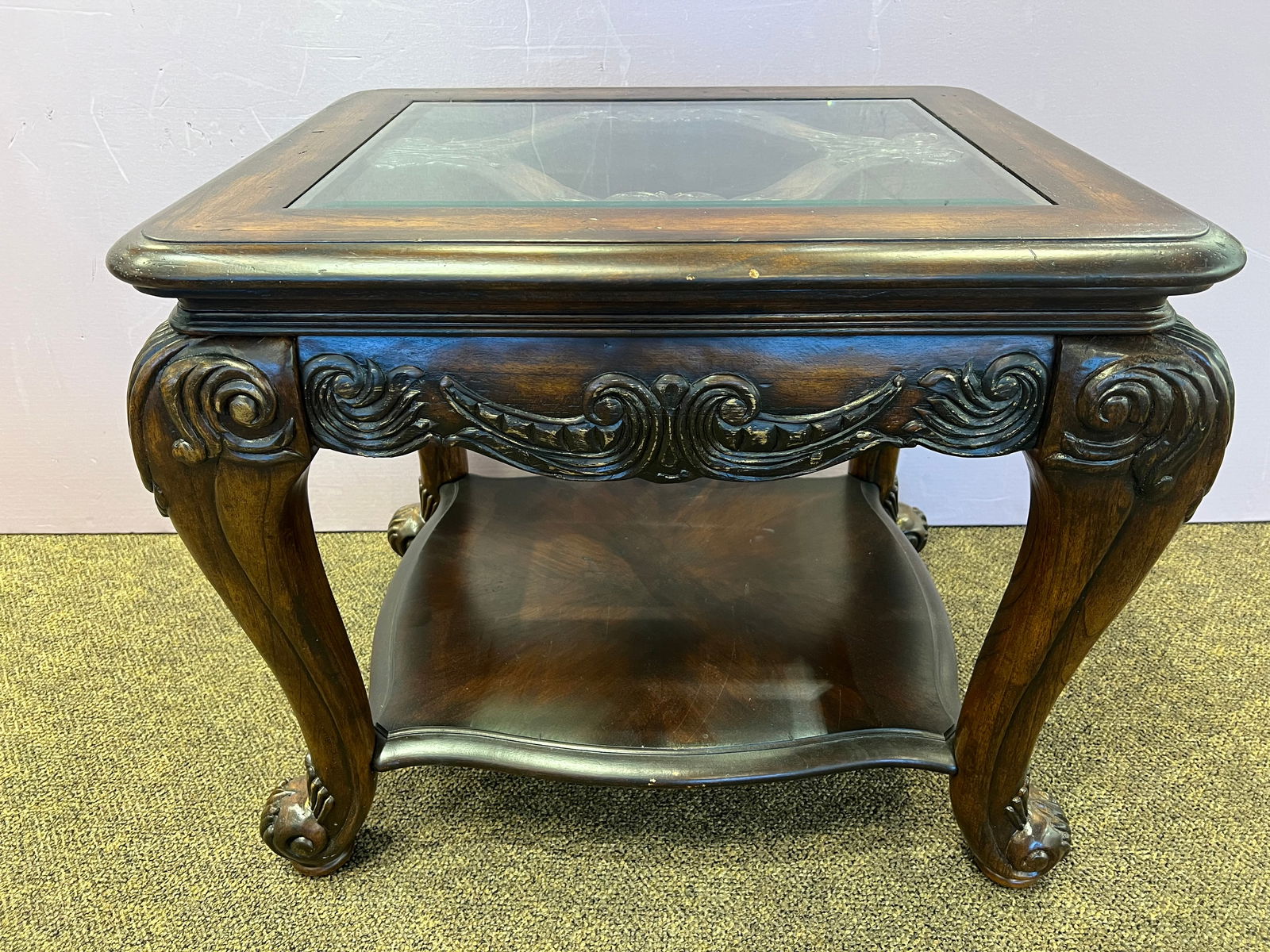 Mahogany Endtable: Mahogany Endtable. Bevelled glass top . Decorative legs