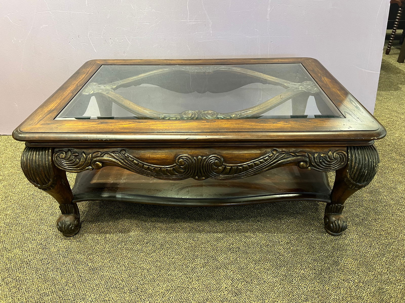 Mahogany Coffee Table: Mahogany Coffee Table. Bevelled glass top. Shelf underneath