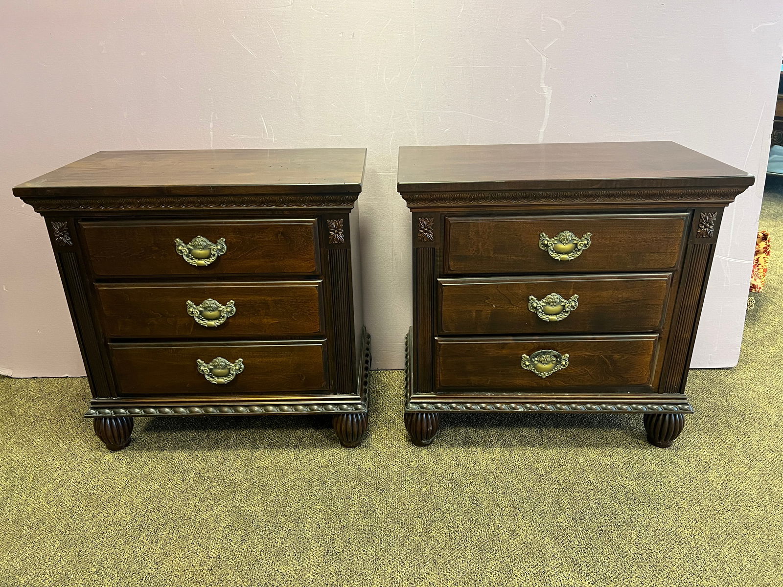 Pair of Kincaid Mahogany Nightstands: Pair of Kincaid Mahogany Nightstands. 3 drawers. Brass handles