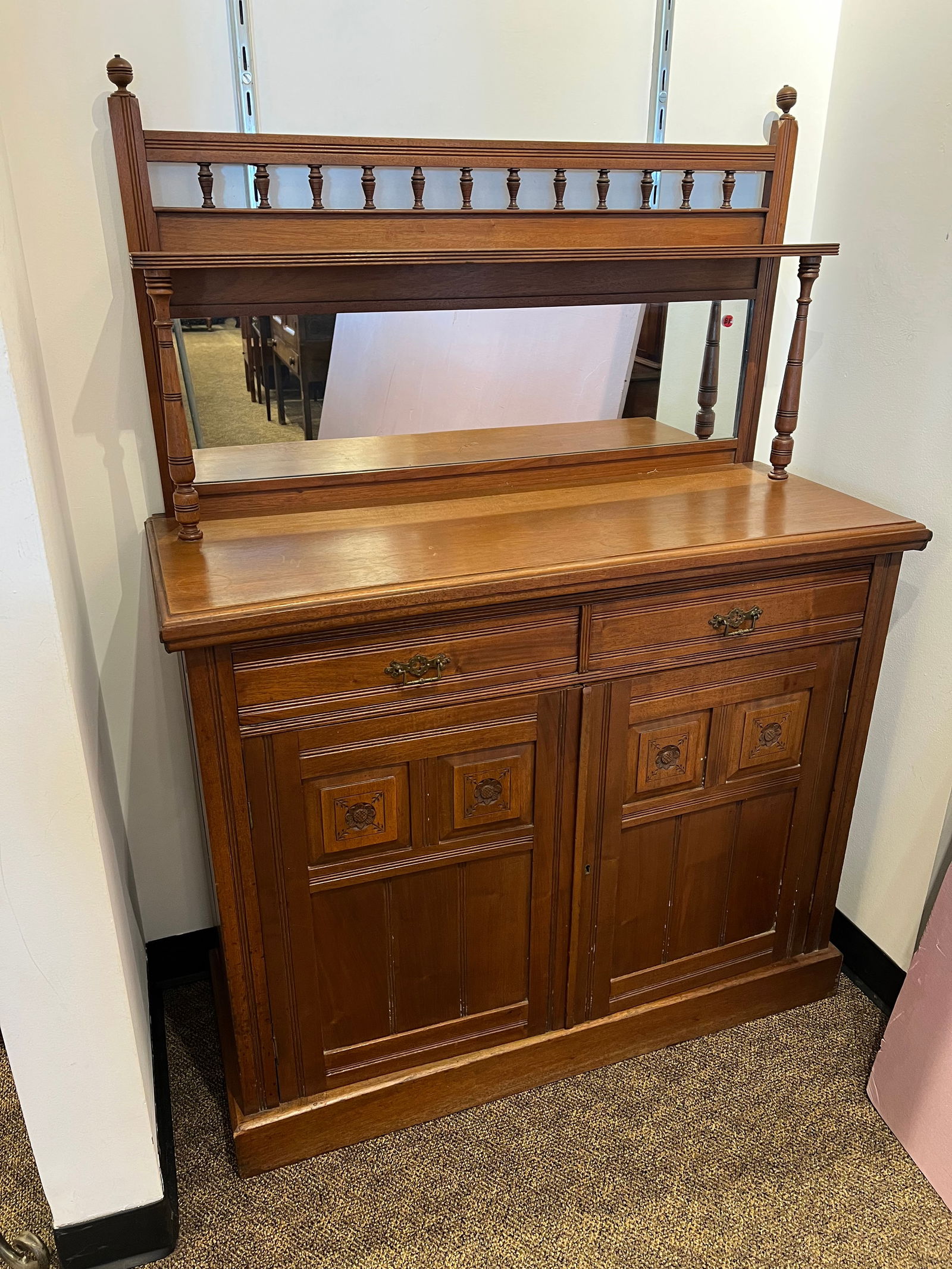 Early Walnut Sideboard: Early Walnut Sideboard. Mirror backsplash. Spindle top