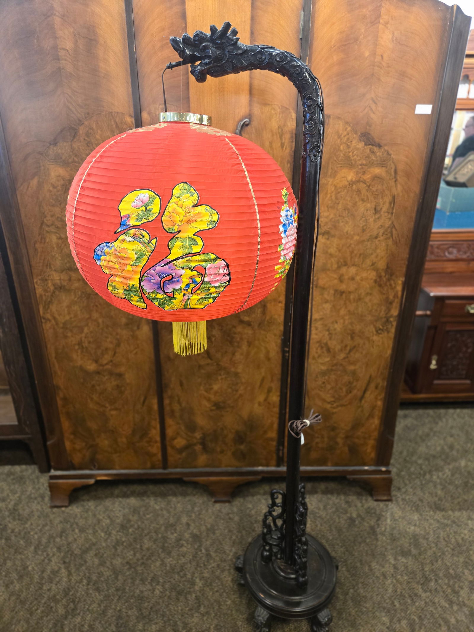 Chinese Lantern: Chinese Lantern. Carved Teakwood Stand