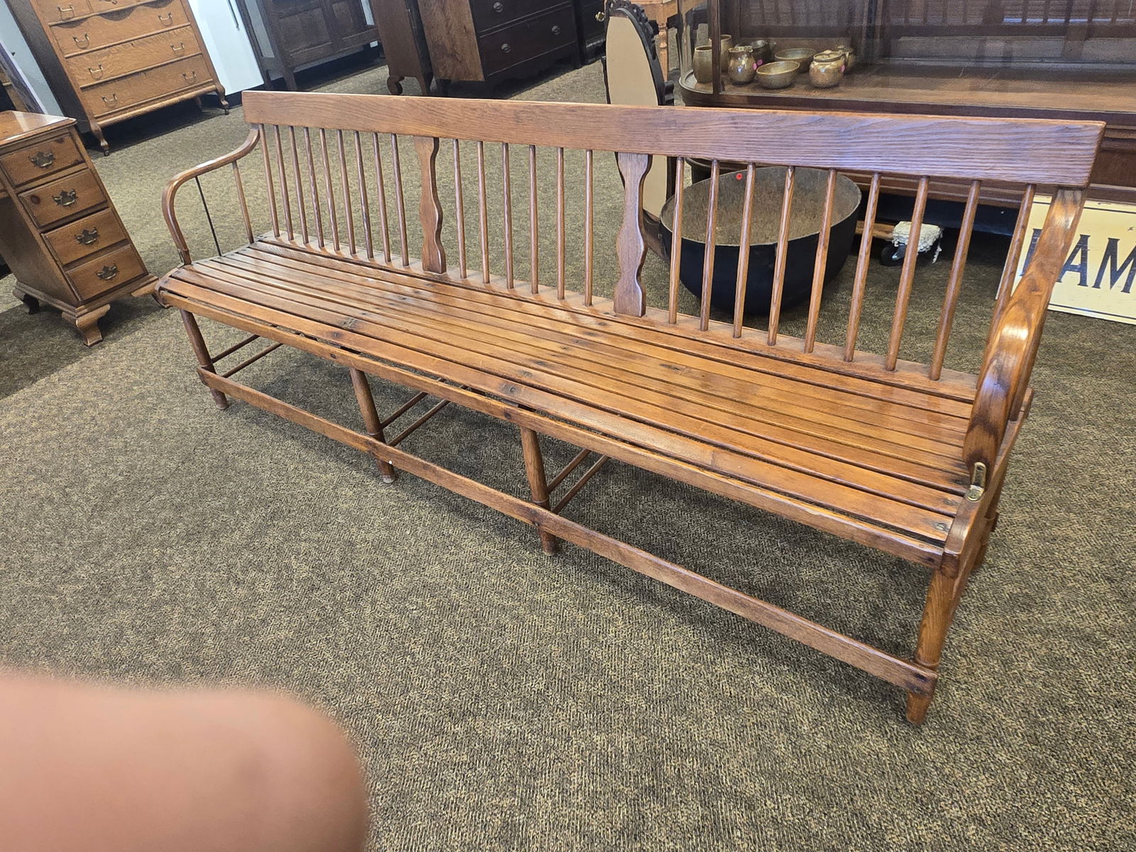 Oak Spindleback Deacons Bench: Oak Spindleback Deacons Bench. Bentwood arms.