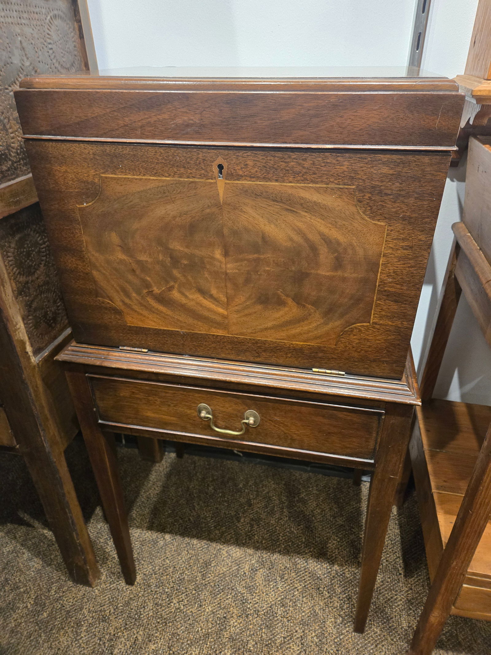 Virginia Gallery Henkel Harris Burl Walnut Silver chest on stand: Virginia Gallery Henkel Harris Burl Walnut Silver Box. 3 drawers. Tapered legs.1 tray on top.