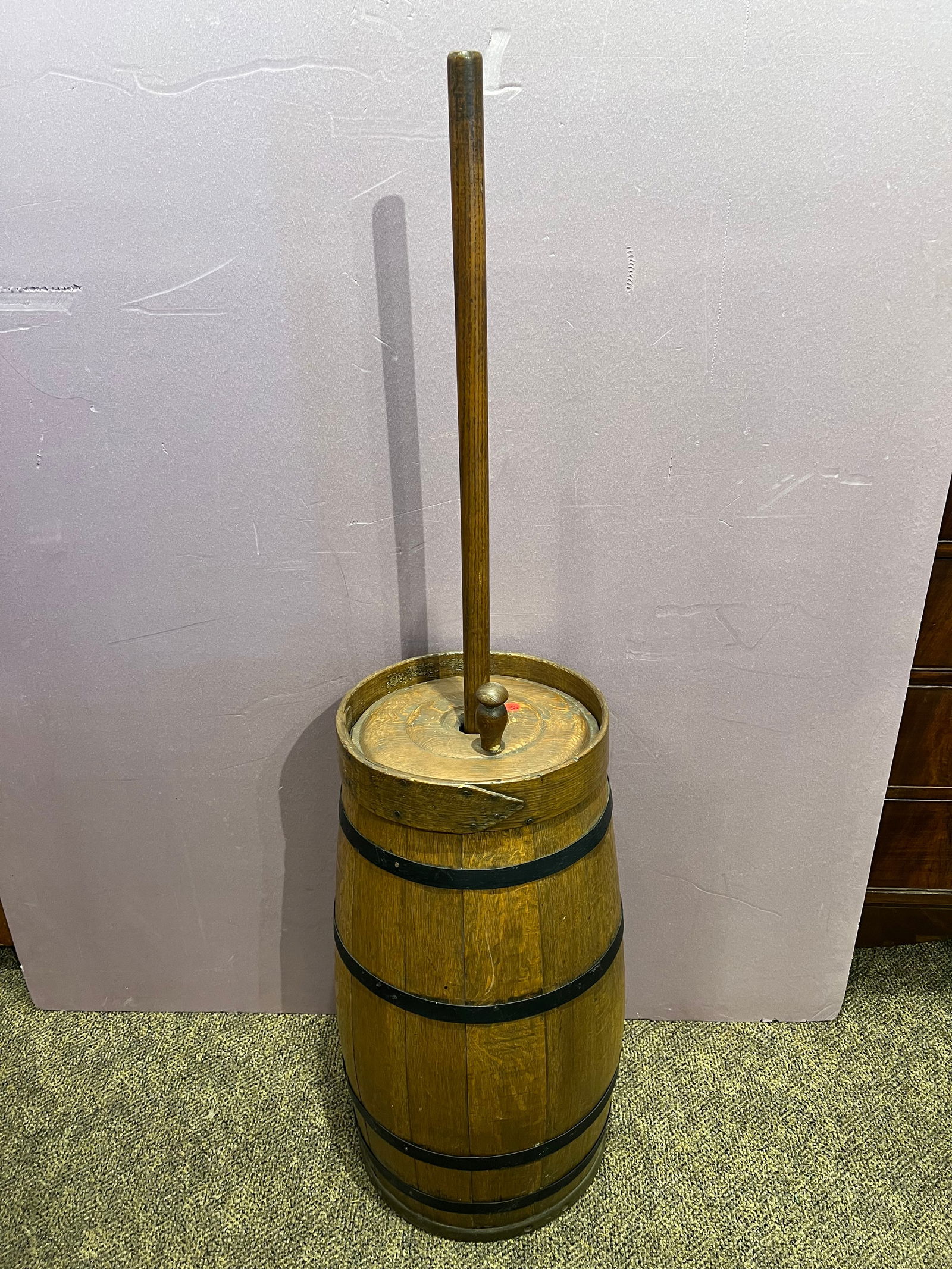Early Butter Churn: Early Butter Churn. Metal hoops. Has plunger
