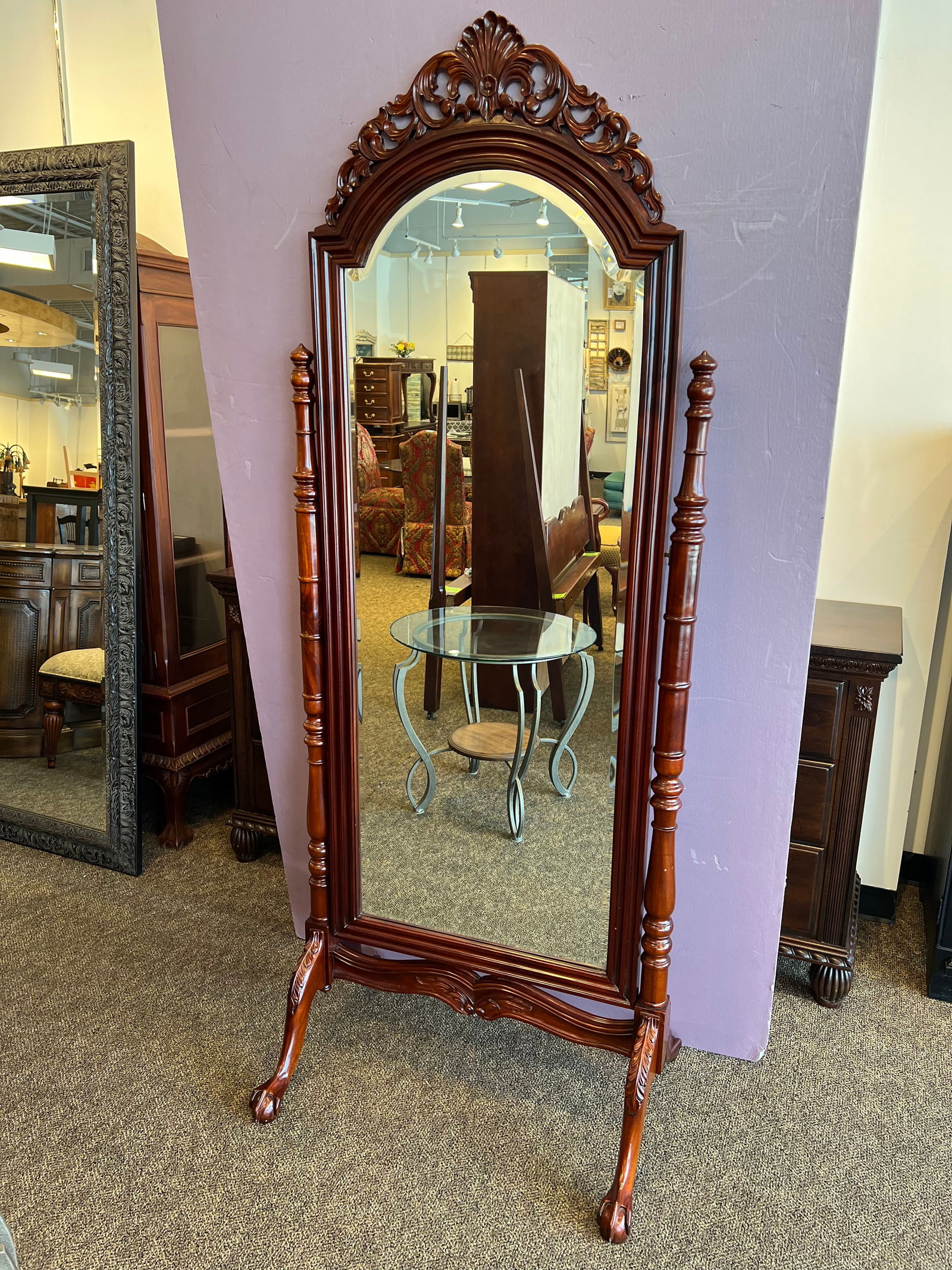 Mahogany Dressing Mirror: Mahogany Dressing Mirror . Decorative top.bevelled mirror. Chippendale ball and claw feet