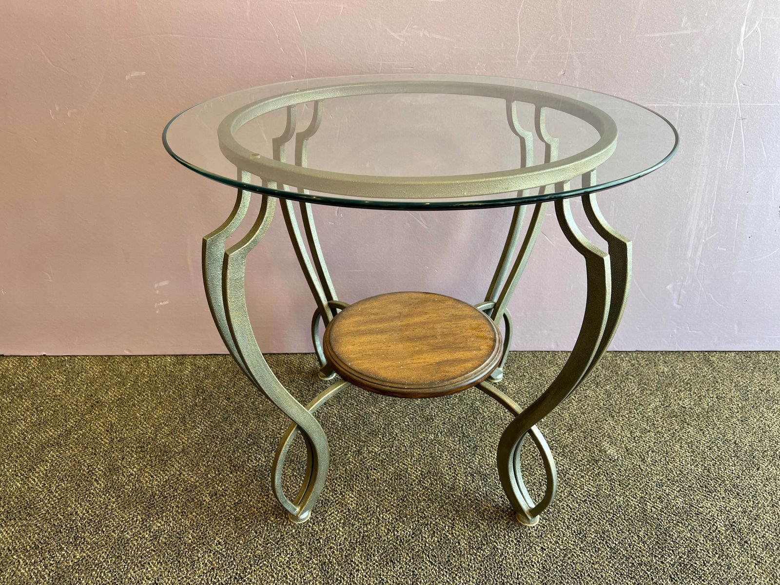 Round Glass Top Table: Round Glass Top Table. Metal base with wooden shelf