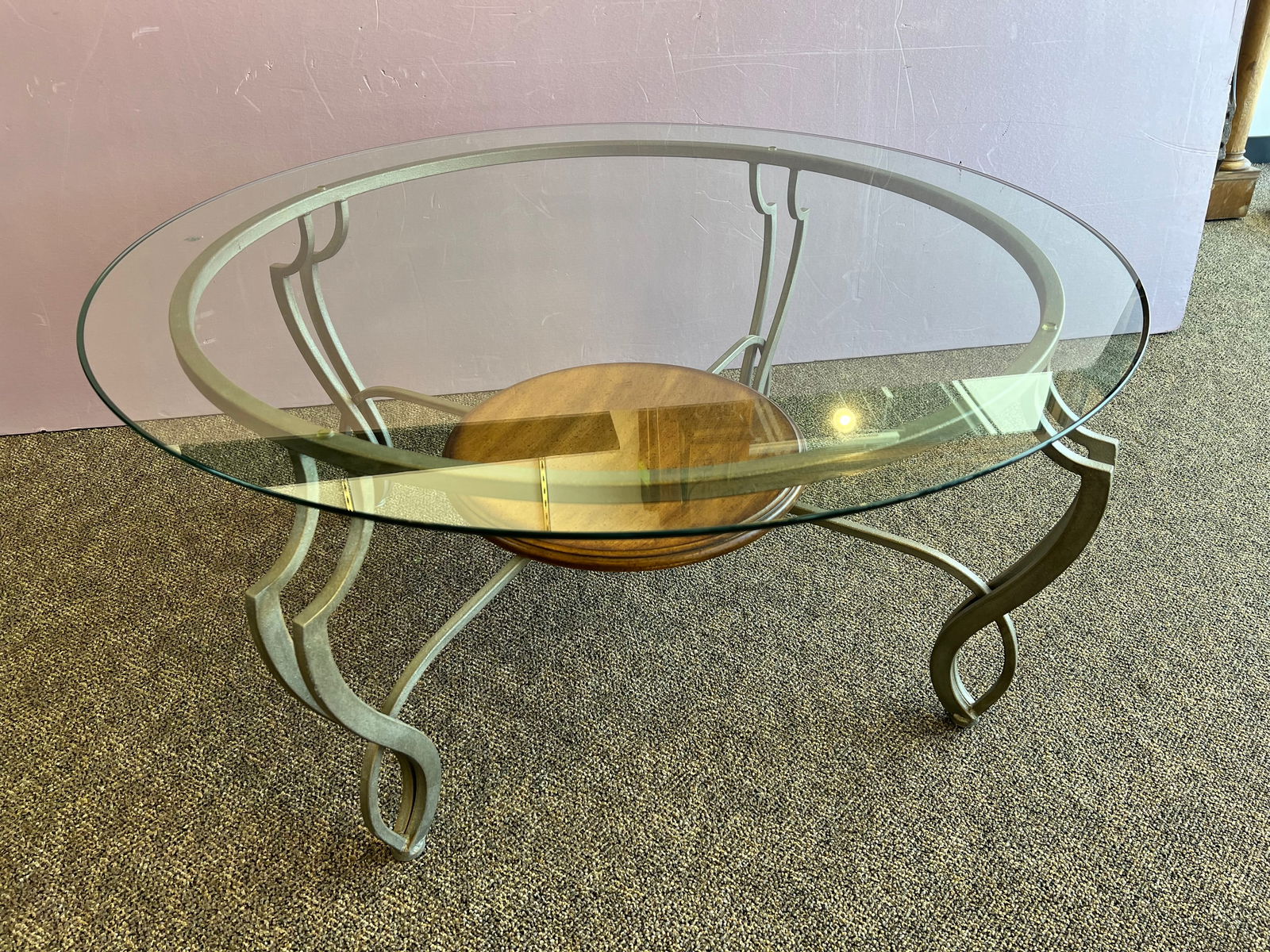Large Glass Top Table: Large Glass Top Table . Metal base with wooden shelf