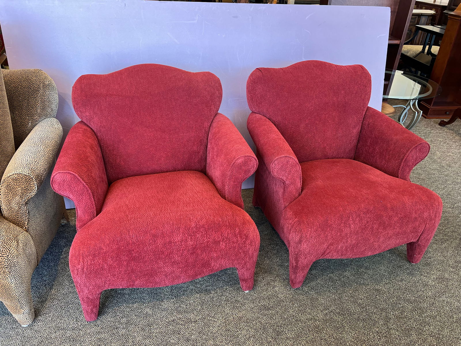 Pair of Red Upholstered Armchairs: Pair of Red Upholstered Armchairs
