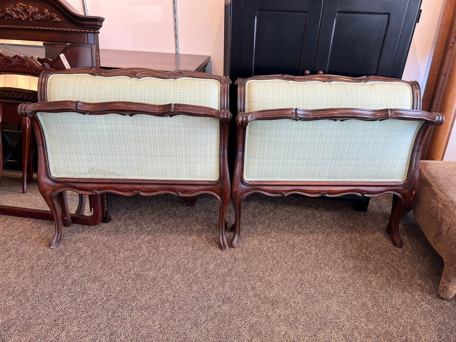 Pair of French Walnut Twin Beds: Pair of French Walnut Twin Beds. Green upholstery. Sleigh beds. Do have the rails