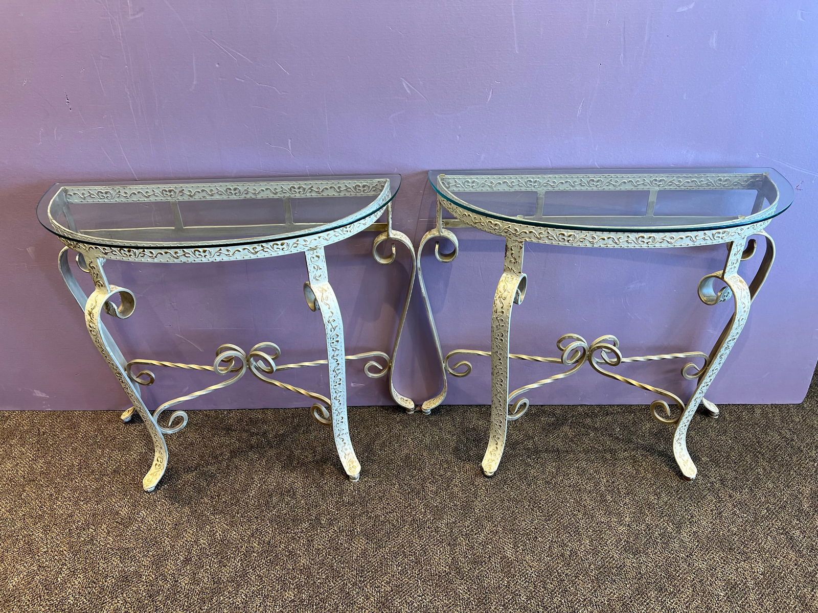 Pair of Metal Demilune Glass Top Tables: Pair of Metal Demilune Glass Top Tables. Base painted white
