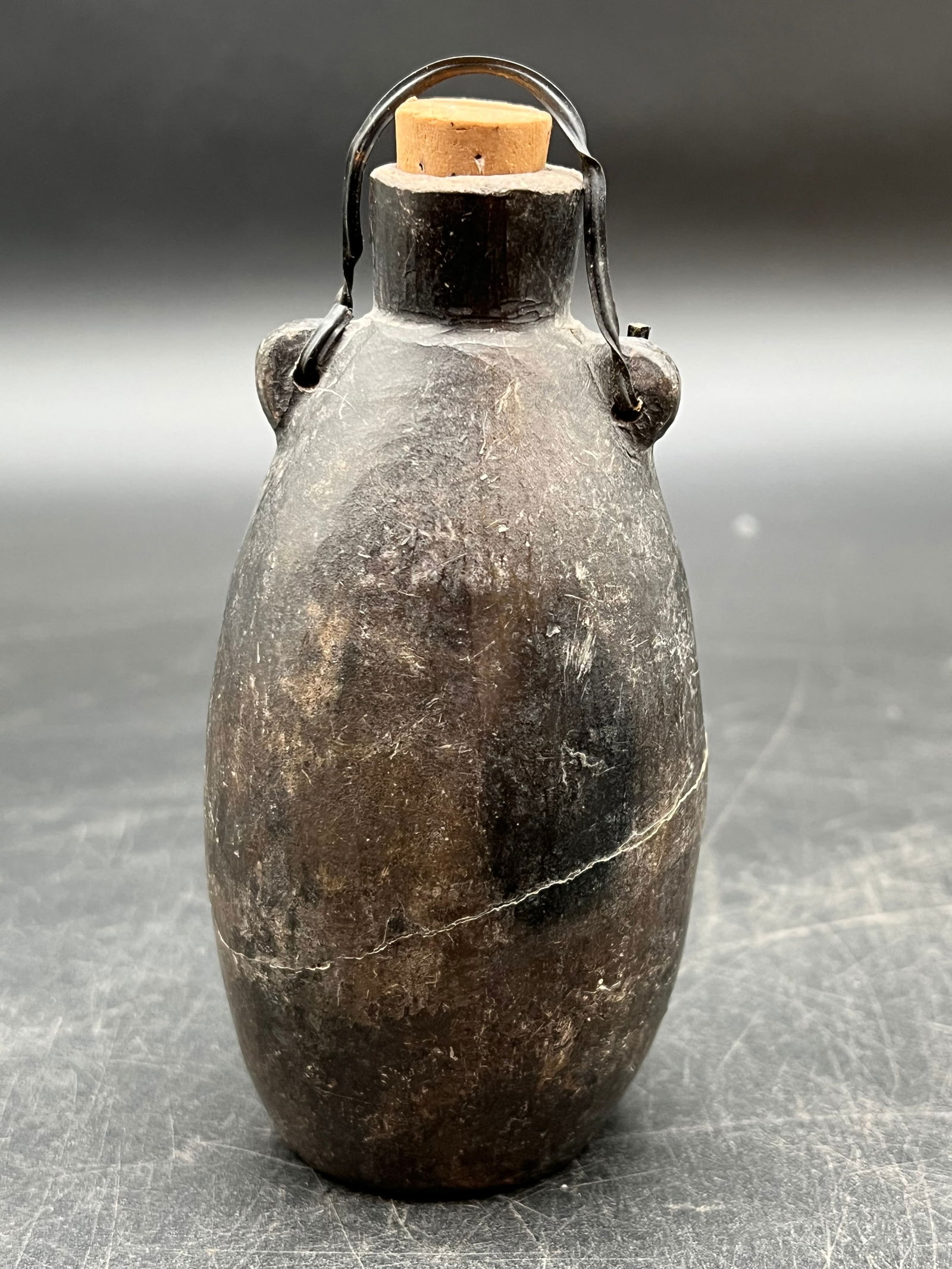 Amphora Style Pottery Jug: Amphora Style Pottery Jug. Metal hoop to hold in cork