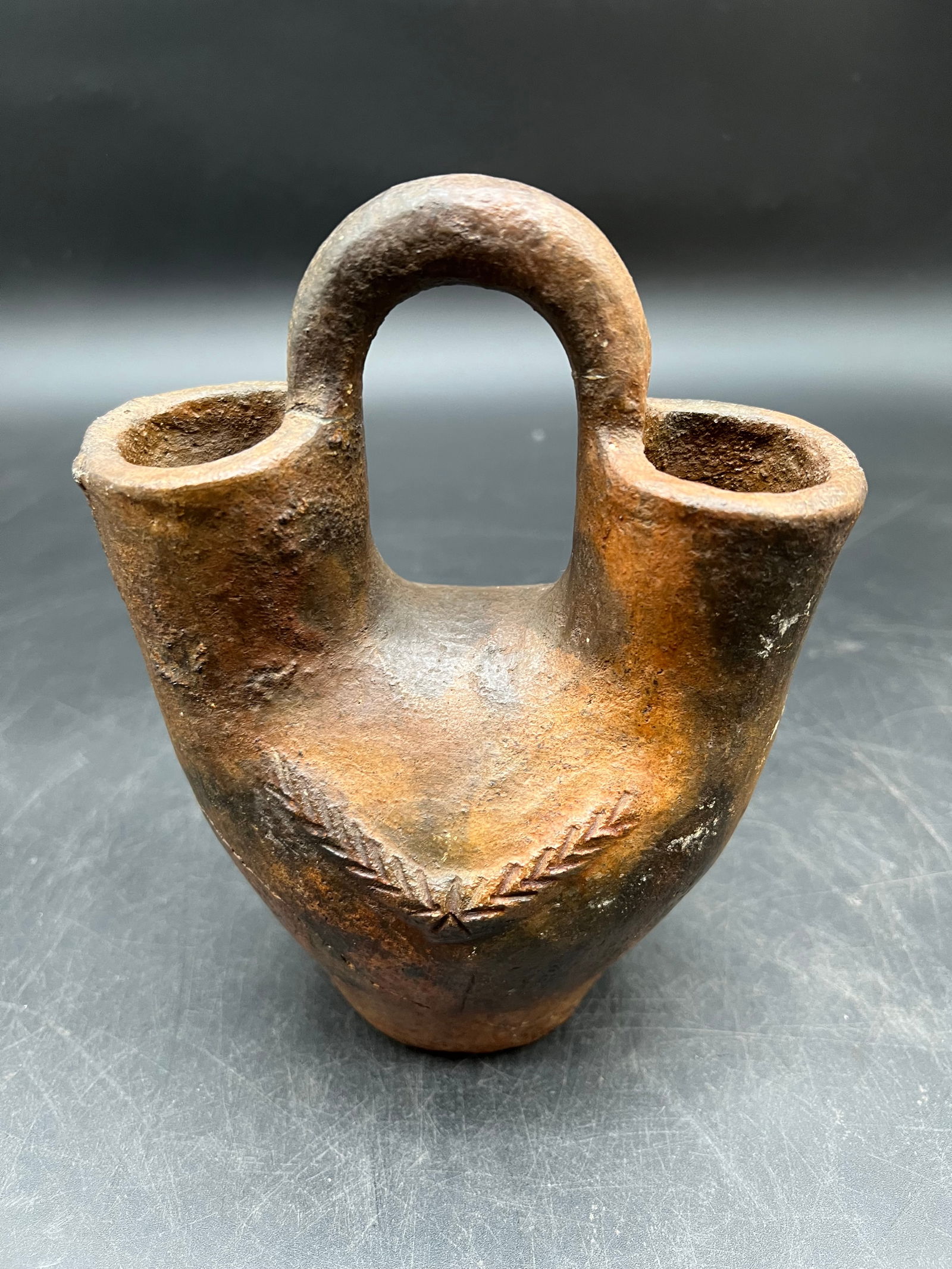 Native American Style Pottery Wedding Vase: Native American Style Pottery Wedding Vase. 2 spouts. Single handle.