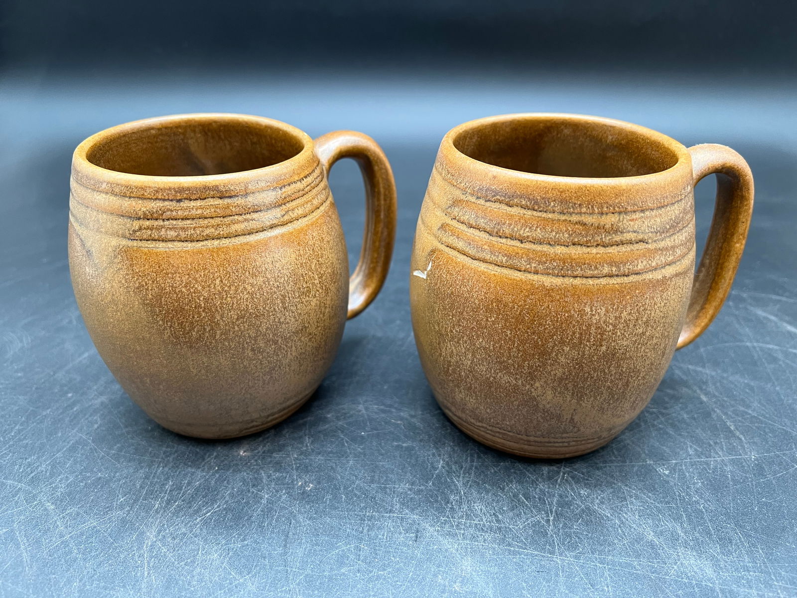 Pair of WJ Gordy "Mountain Gold" Pottery Barrel Mugs: Pair of WJ Gordy "Mountain Gold" Pottery Barrel Mugs