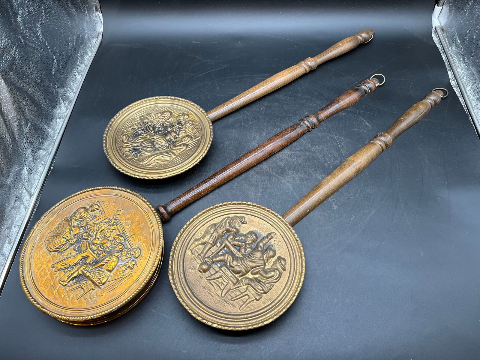 Lot of 3 Brass Hanging Pcs.: Lot of 3 Brass Hanging Pcs. Wooden handles