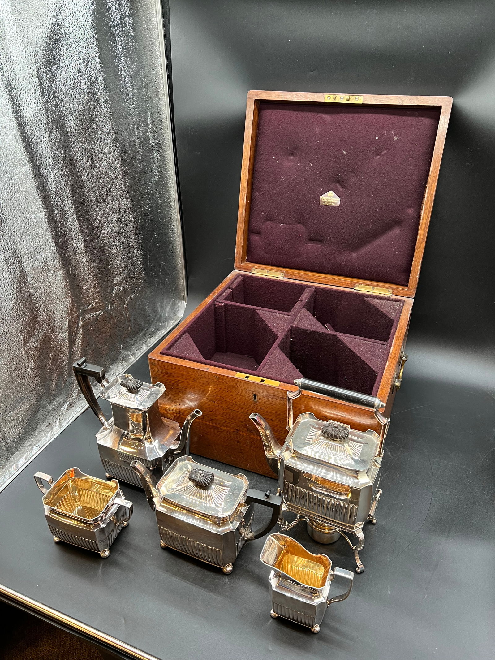 English Manoah Rhodes & Sons Servicing Set: English Manoah Rhodes & Sons Servicing Set. Coffee pot, tea pot, boiler on stand, sugar bowl, and creamer in Oak fitted box