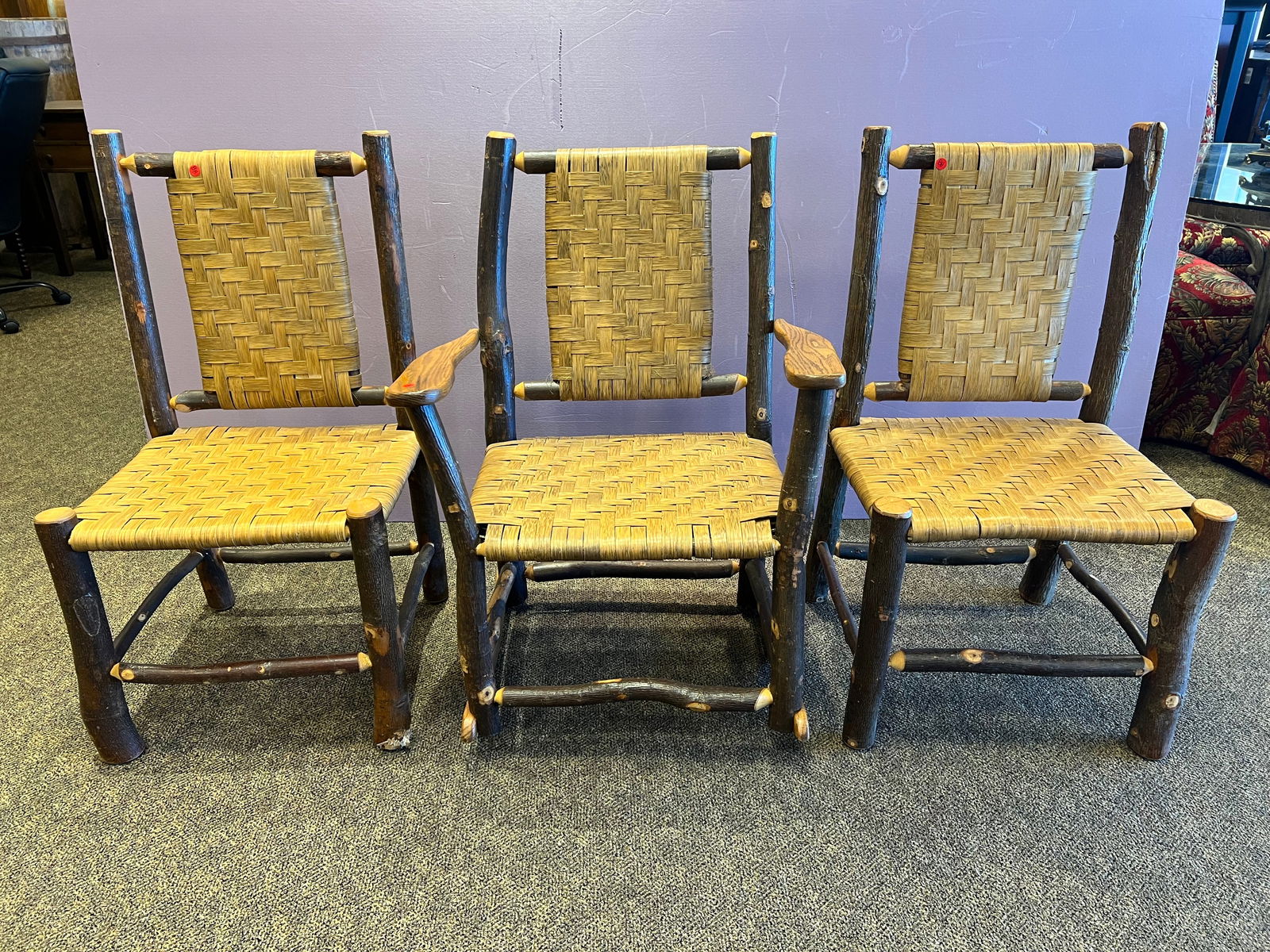 Lot of 3 “Old Hickory?? Lodge Chairs & Rocker: Lot of 3 “Old Hickory” Lodge Chairs & Rocker. 2 chairs and a rocker. Natural log frame. Woven bottom