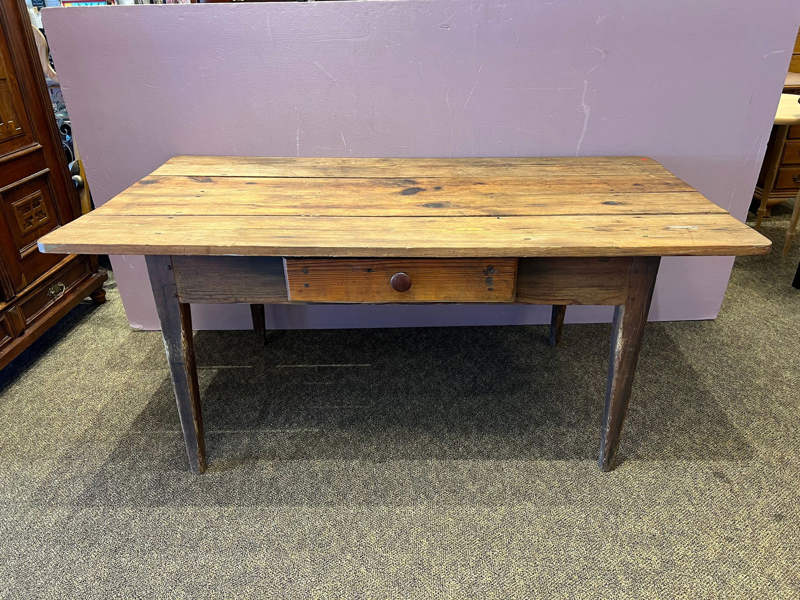 Primitive Farmhouse table: Primitive Farmhouse table. Drawer on one side. Tapered legs