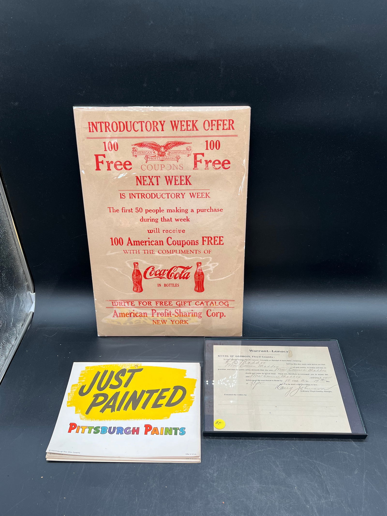 Lot of Misc. Papers: Lot of Misc. Papers. Lunacy warrant, just painted signs, and Coca Cola Advertisement