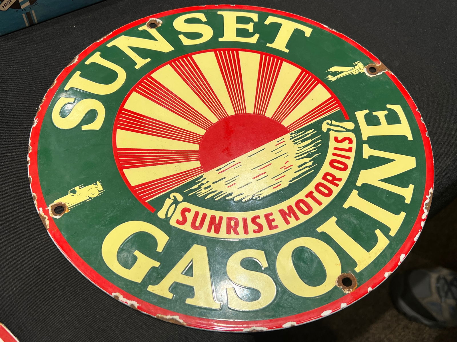 Sunset Gasoline Porcelain Advertising Sign: Sunset Gasoline Porcelain Advertising Sign. One sided. Other side is plain white porcelain. Possible reproduction.