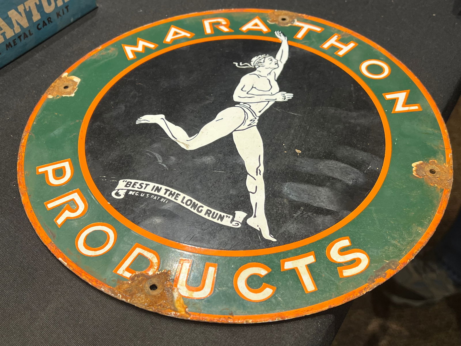 Marathon Products Porcelain Advertising Sign: Marathon Products Porcelain Advertising Sign. Possibly reproduction. One sided. Possible reproduction.