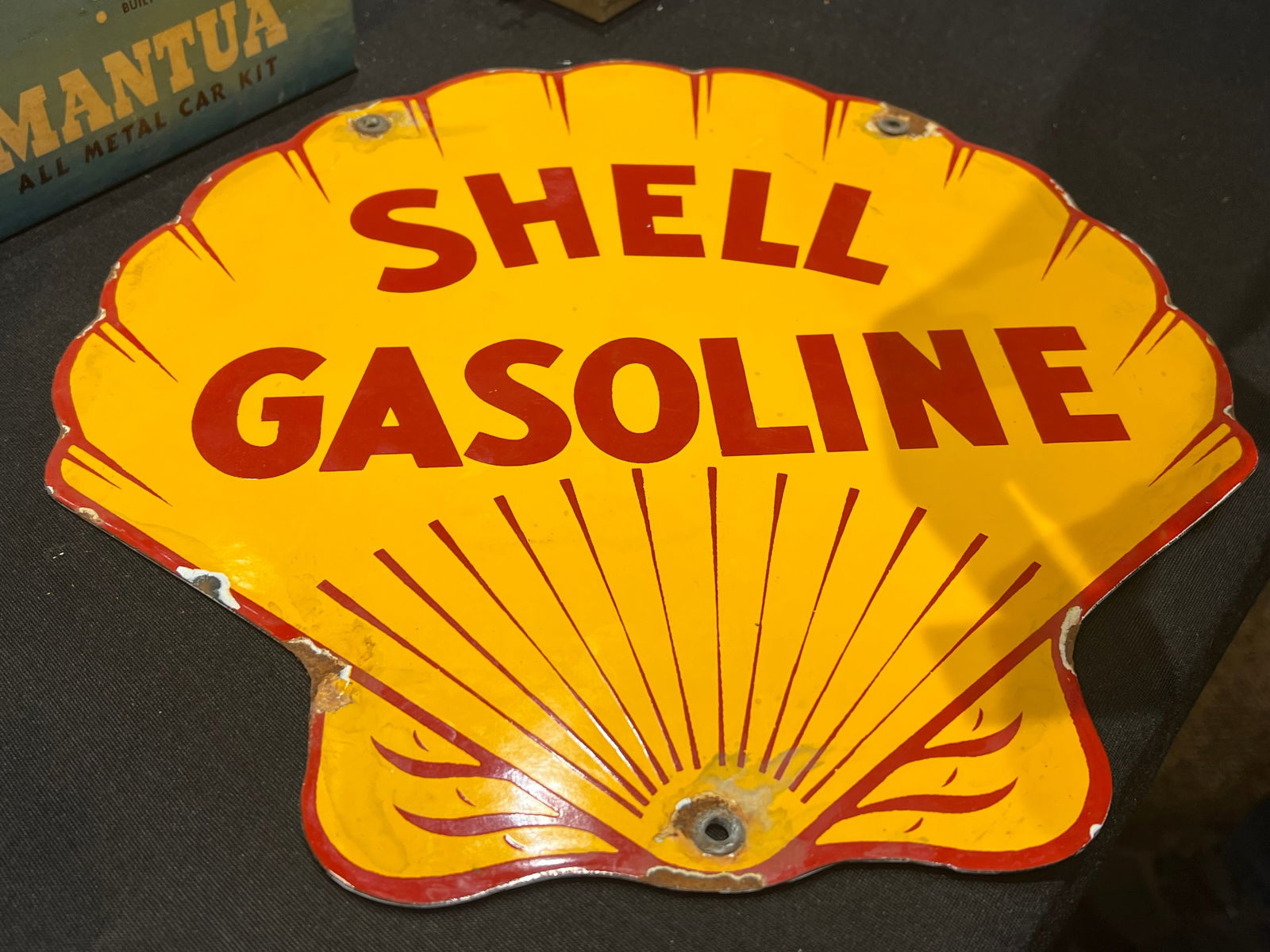 Shell Gasoline Porcelain Advertising Sign: Shell Gasoline Porcelain Advertising Sign. Possibly reproduction. One sided
