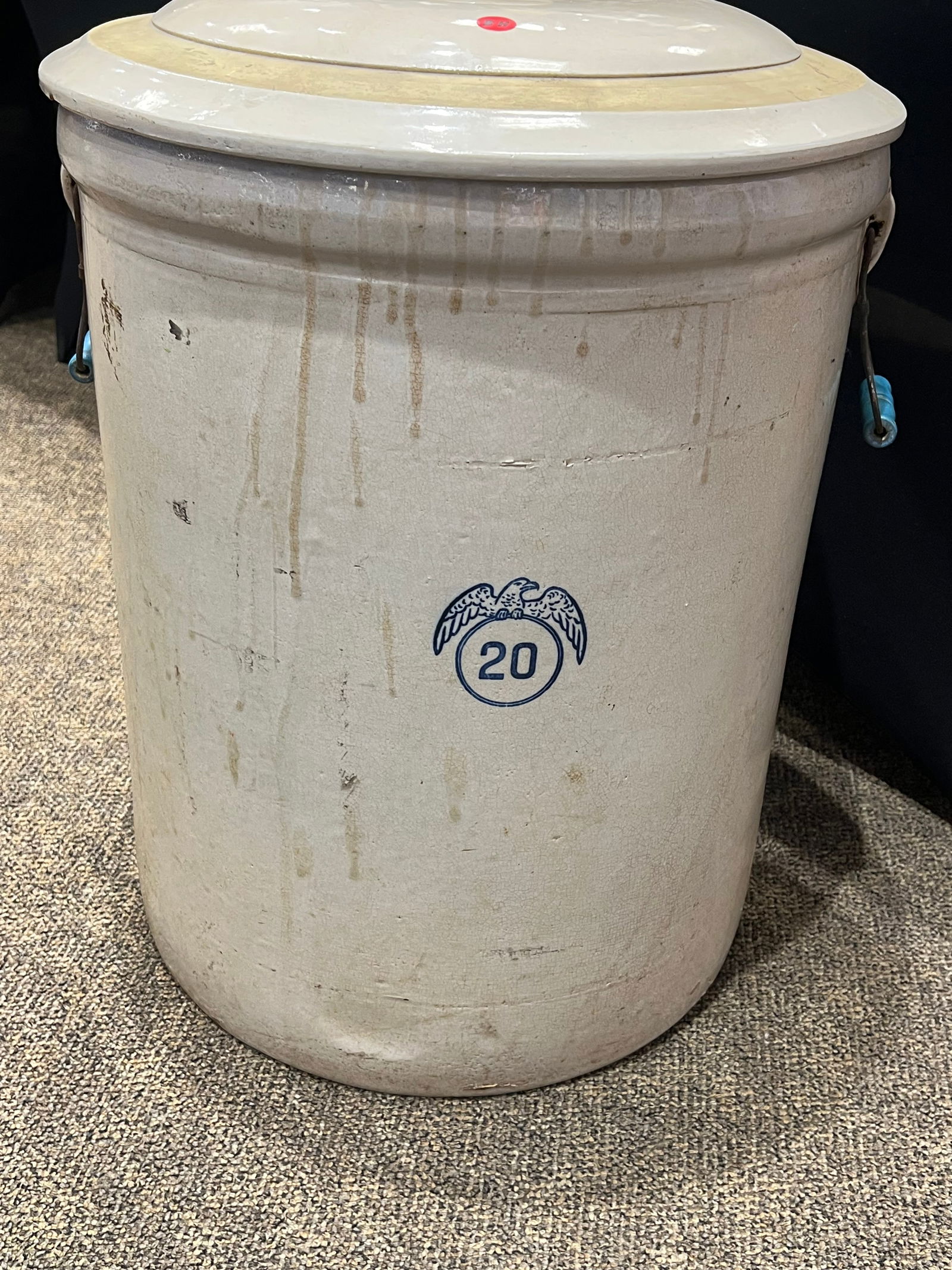 20 Gallon Stoneware Crock: 20 Gallon Stoneware Crock. Eagle and 20 gallon mark in blue.