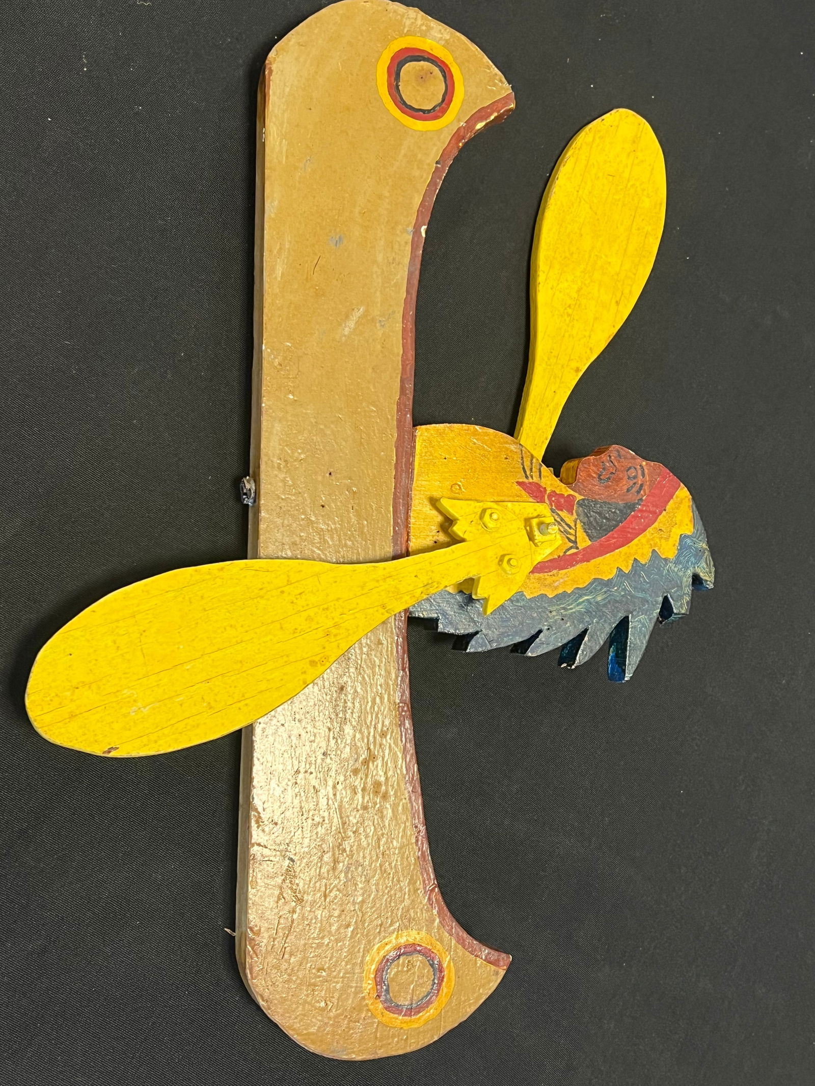 Folk Art Hand Painted Whirlygig with Indian & Canoe: Folk Art Hand Painted Whirlygig with Indian & Canoe. All wood and hand painted