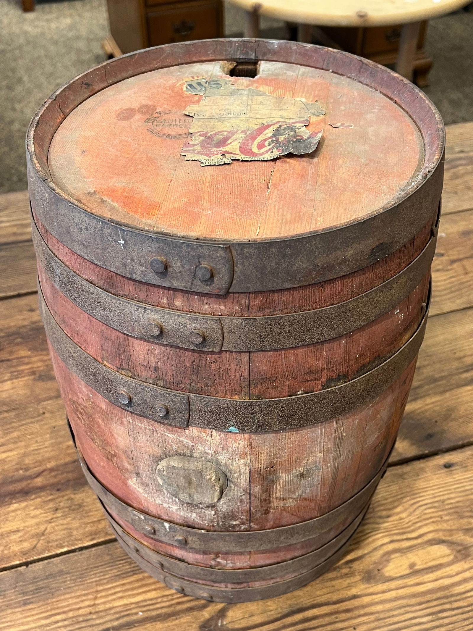 Early Coca Cola syrup Barrel: Early Coca Cola syrup Barrel. Old red paint barrel w/part of original Coca Cola paper label.