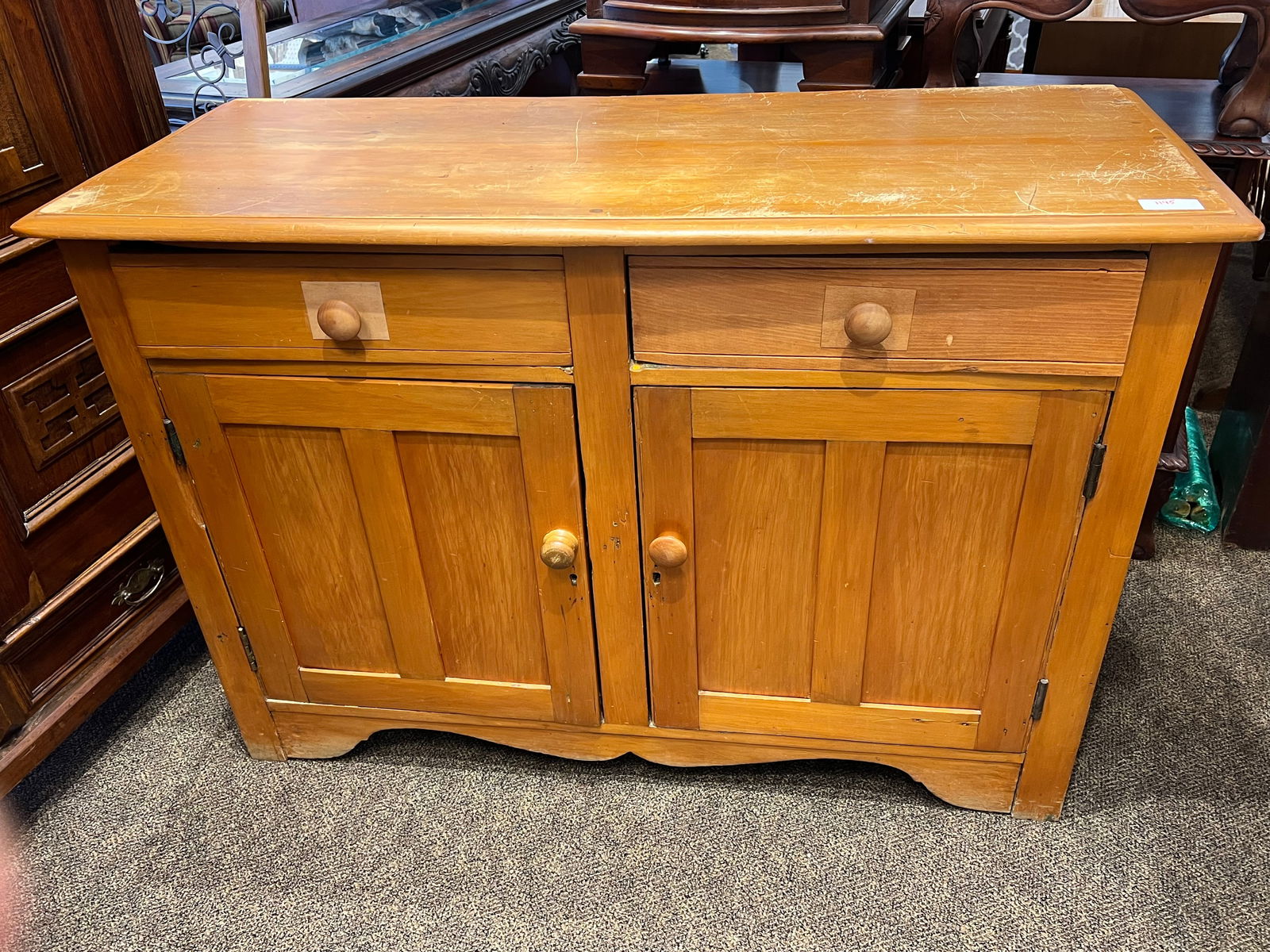 Primitive Farmhouse Hutch: Primitive Farmhouse Hutch. Made out of pine. 2 drawers over doors. One drawer has been replaced.