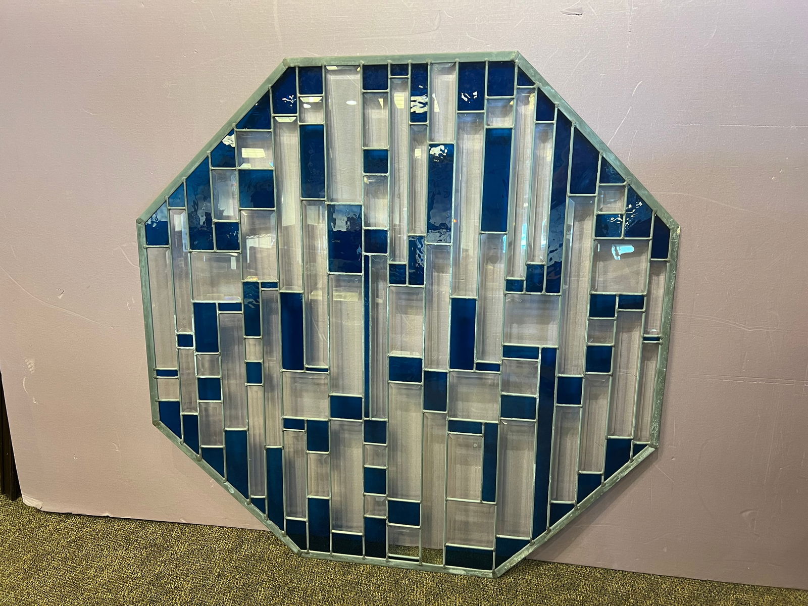 Octagonal Stained Bevelled Leaded Glass Window: Octagonal Stained Bevelled Leaded Glass Window. Clear and Blue Glass