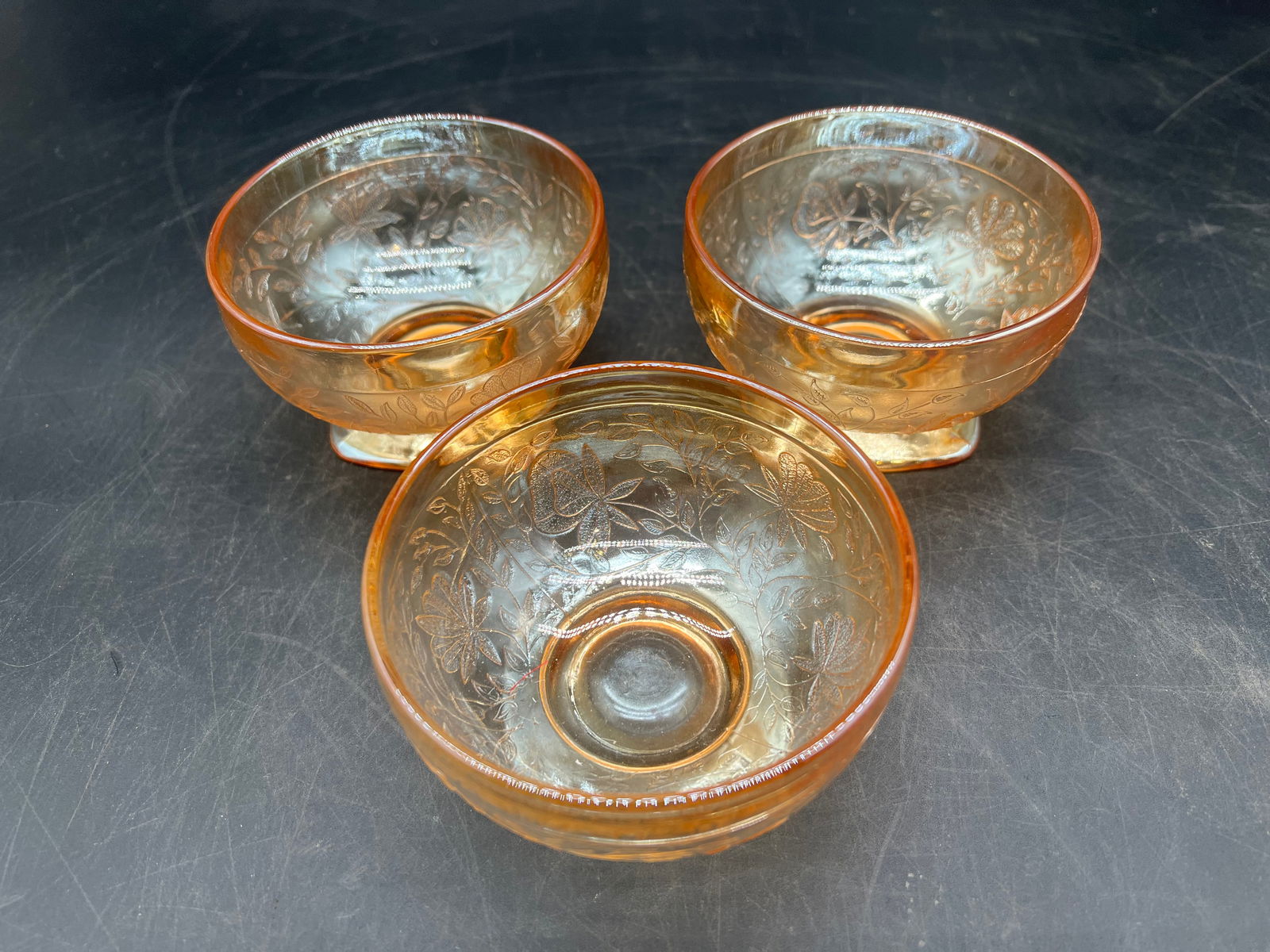 Lot of 3 Depression Glass Footed Sherbert Bowls: Lot of 3 Depression Glass Footed Sherbert Bowls. Jeanette Floragold - Iridescent Pattern.