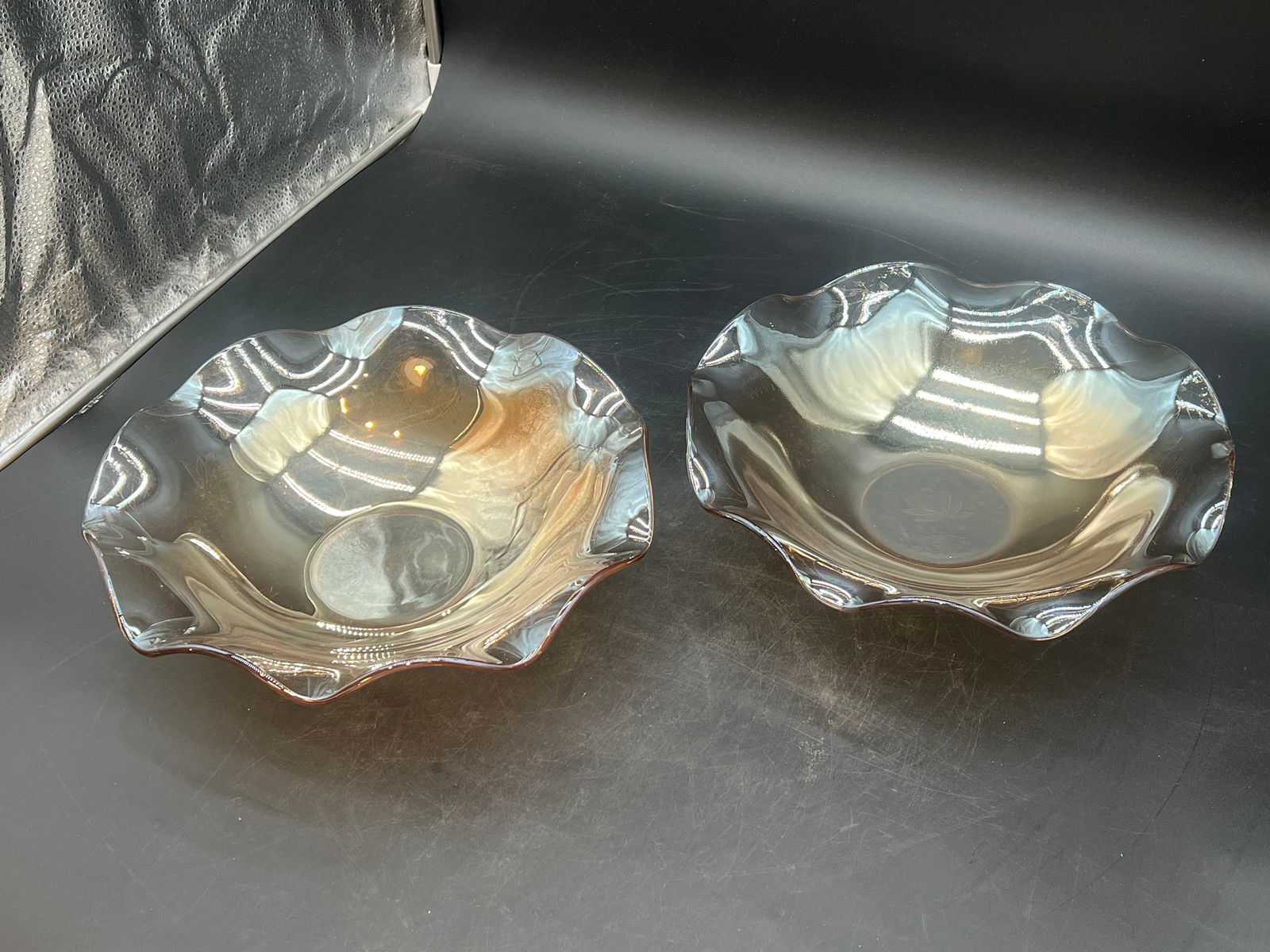 Lot of 2 Depression glass Fluted Bowls: Lot of 2 Depression glass Fluted Bowls. Jeanette Floragold - Iridescent Pattern