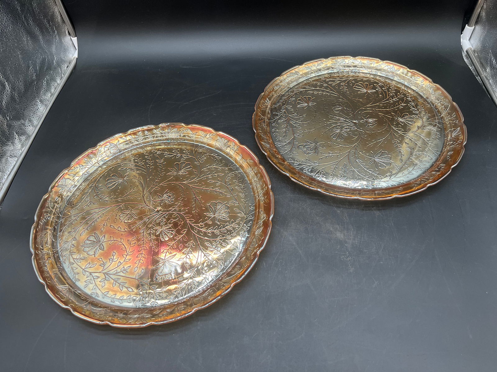 Lot of 2 Depression Glass Platters: Lot of 2 Depression Glass Platters. Jeanette Floragold - Iridescent Pattern