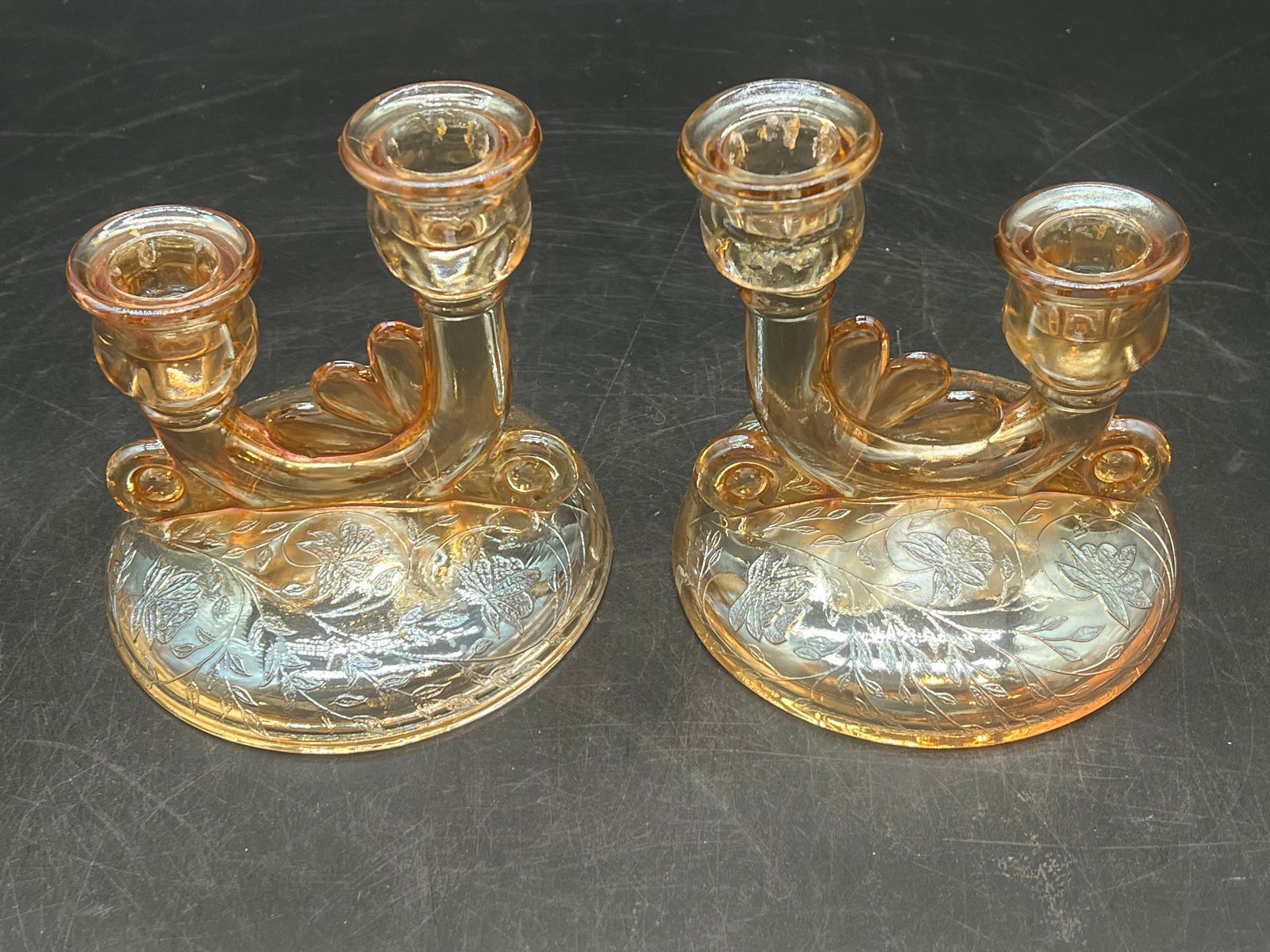 Pair of Depression Glass Candle Holders: Pair of Depression Glass Candle Holders. Jeanette Floragold - Iridescent Pattern
