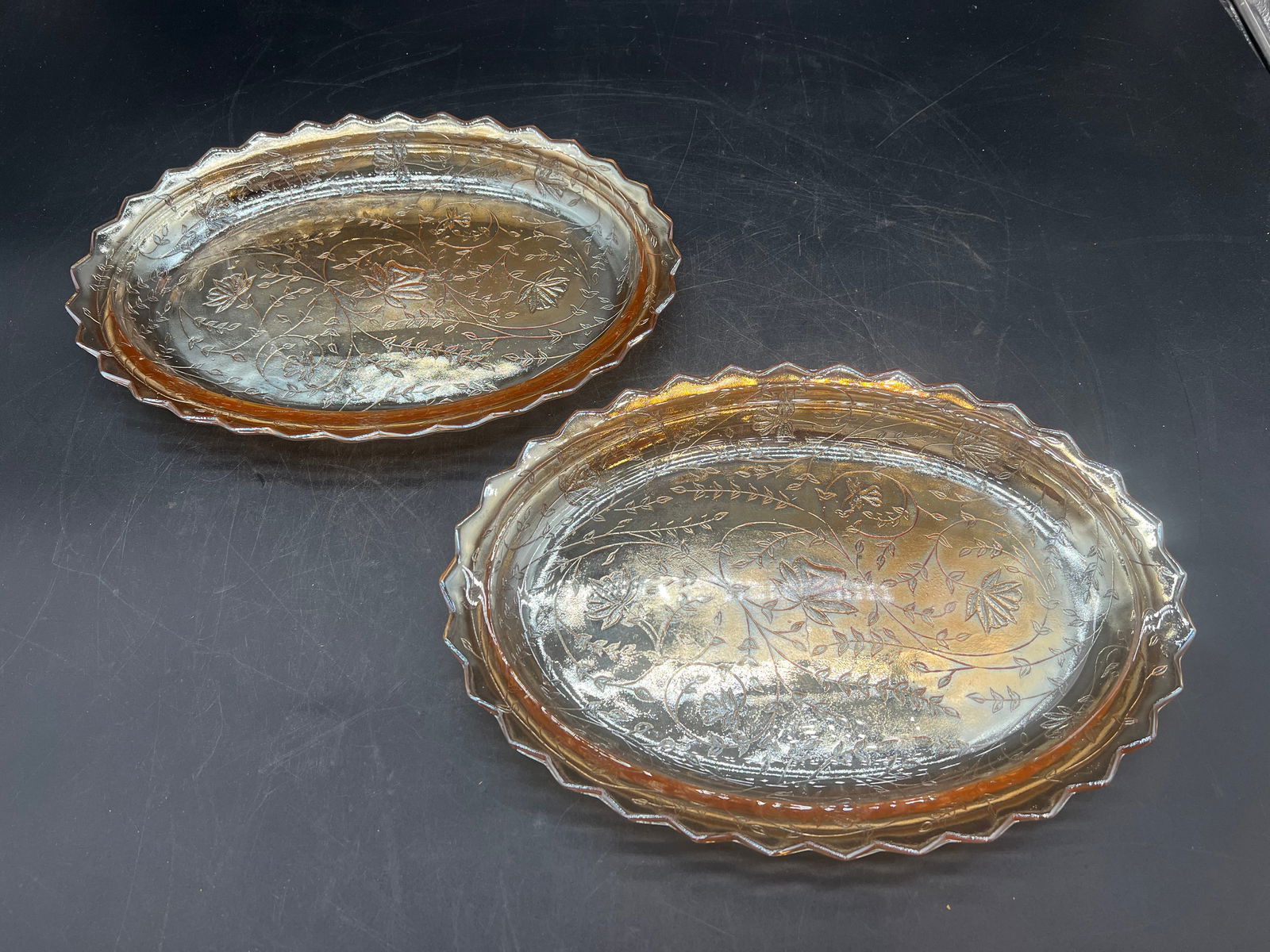 Lot of 6 Small Carnival Glass Fluted Bowls: Carnival Glass Lidded Dish. Jeanette Floragold - Iridescent Pattern.