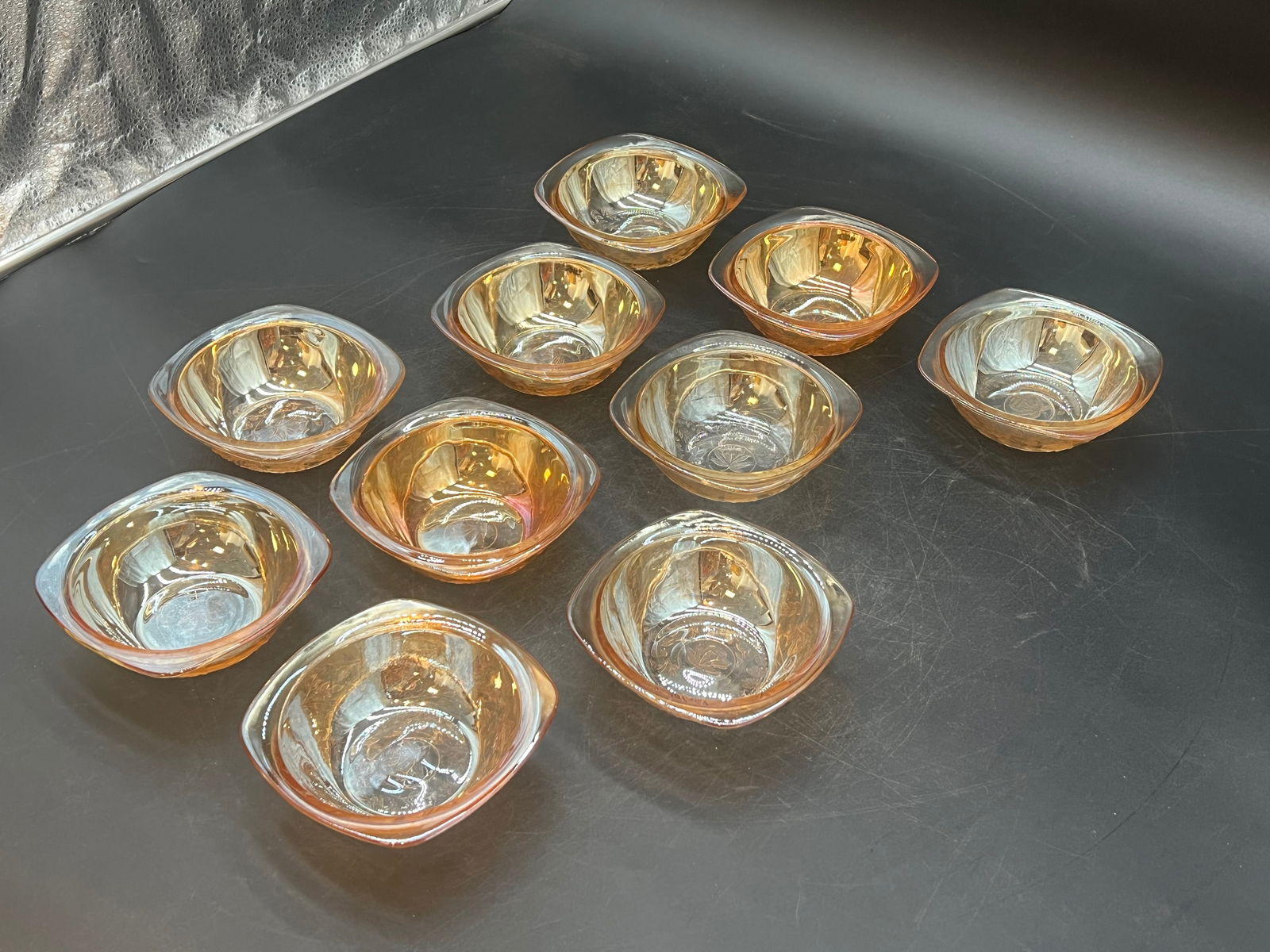 Lot of 10 Carnival Glass Bowls: Lot of 10 Carnival Glass Bowls. Jeanette Floragold - Iridescent Pattern