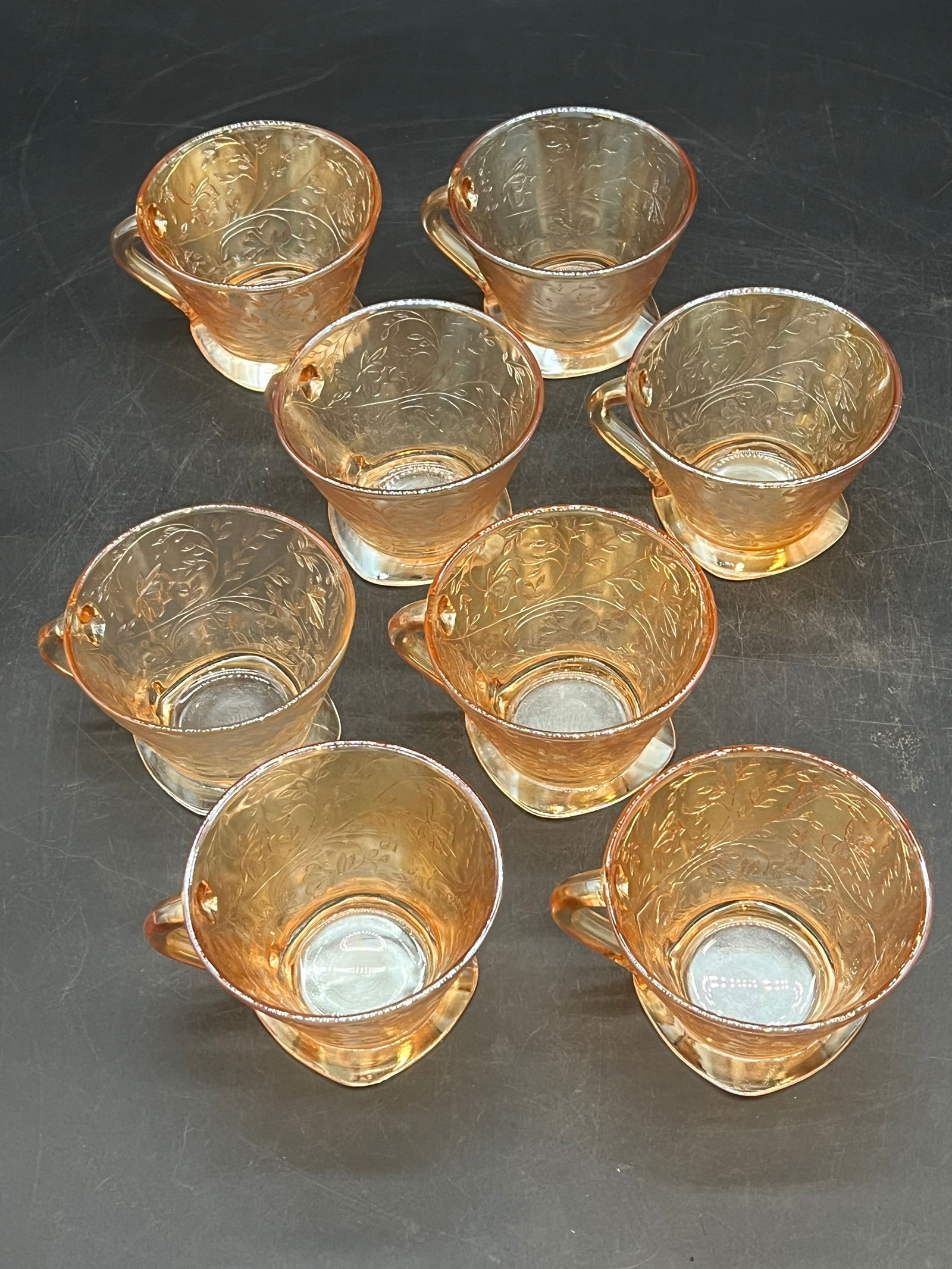 Lot of 8 Carnival Glass Cups: Lot of 8 Carnival Glass Cups. Jeanette Floragold - Iridescent Pattern