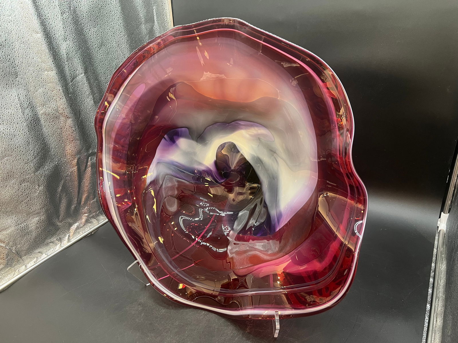 Murano Glass Art Deco Fluted Bowl: Murano Glass Art Deco Fluted Bowl. Purple to White opalescent. Signature illegible. has lucite stand with it.