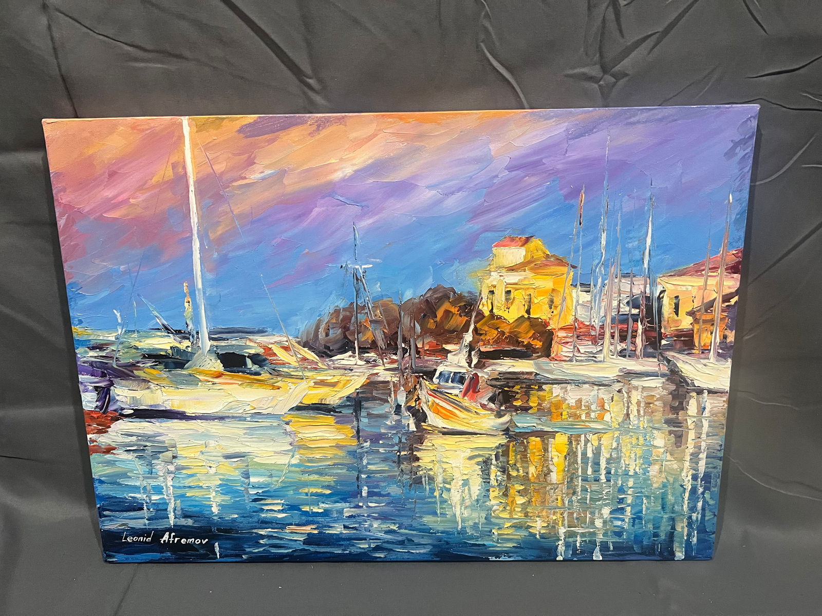 Signed Leonid Afremov Oil on Canvas â€œWindless Dayâ€: Signed Leonid Afremov Oil on Canvas â€œWindless Dayâ€. No frame