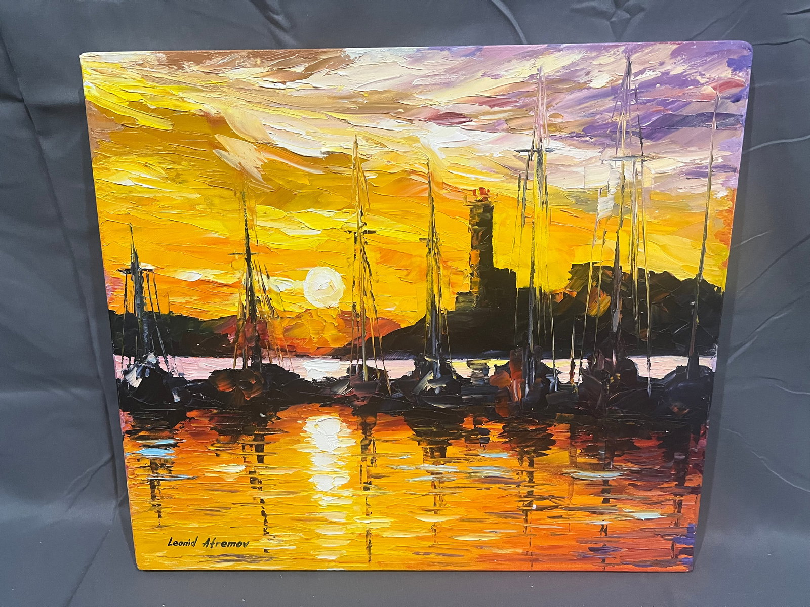 Signed Leonid Afremov Oil on Canvas â€œBy the Entrance to the Harborâ€: Signed Leonid Afremov Oil on Canvas â€œBy the Entrance to the Harborâ€. No frame