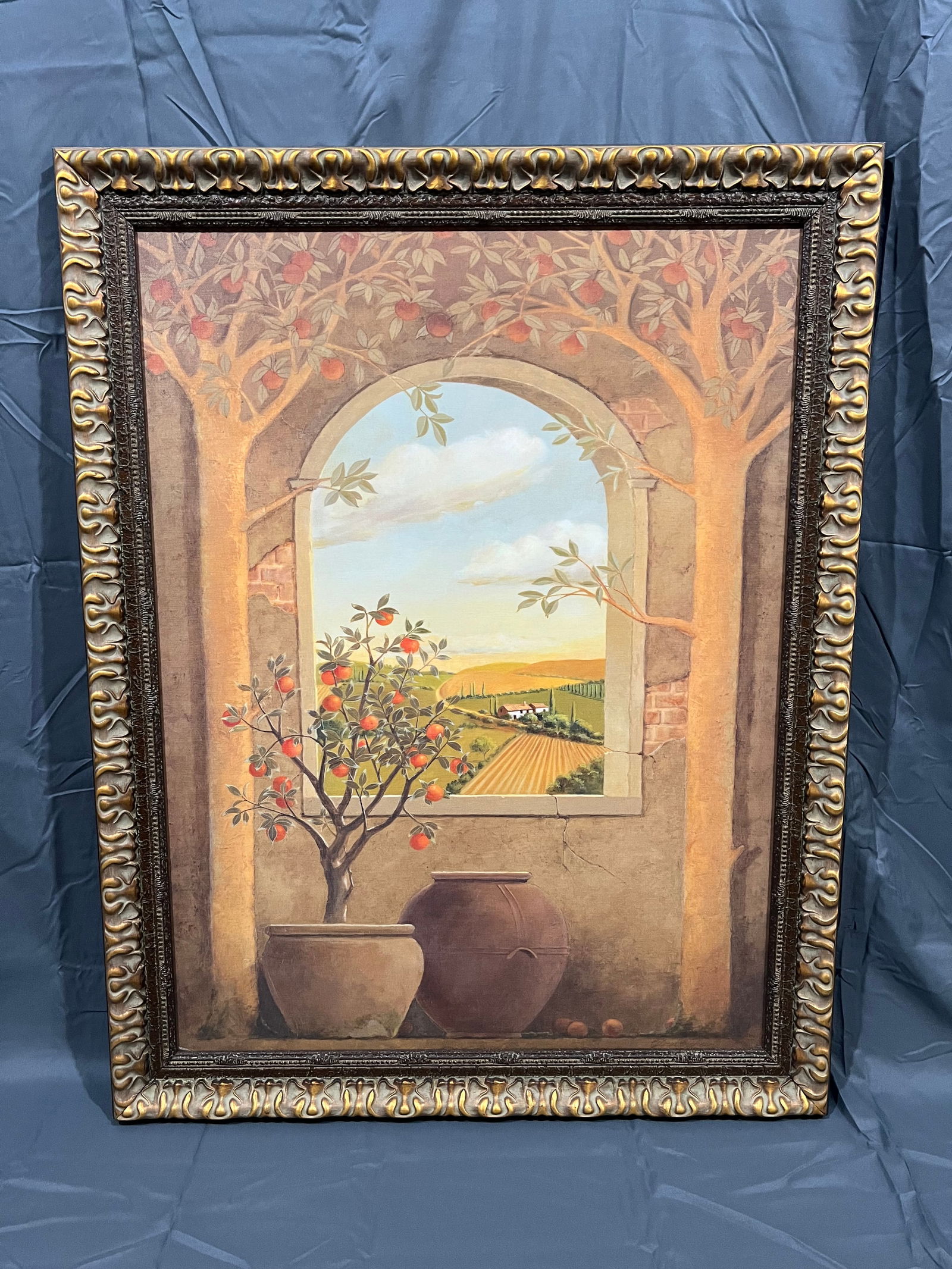 Framed Mediterranean Scene Oil on Board: Framed Mediterranean Scene Oil on Board. In modern frame