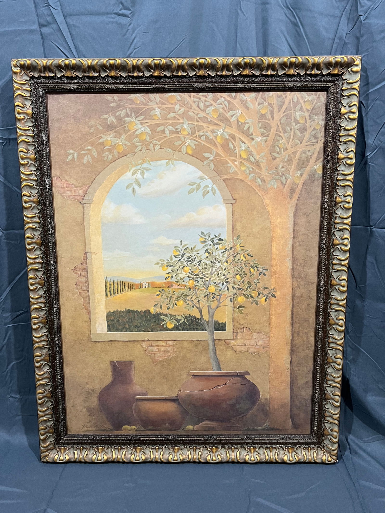 Framed Mediterranean Scene Oil on Board: Framed Mediterranean Scene Oil on Board. In modern frame
