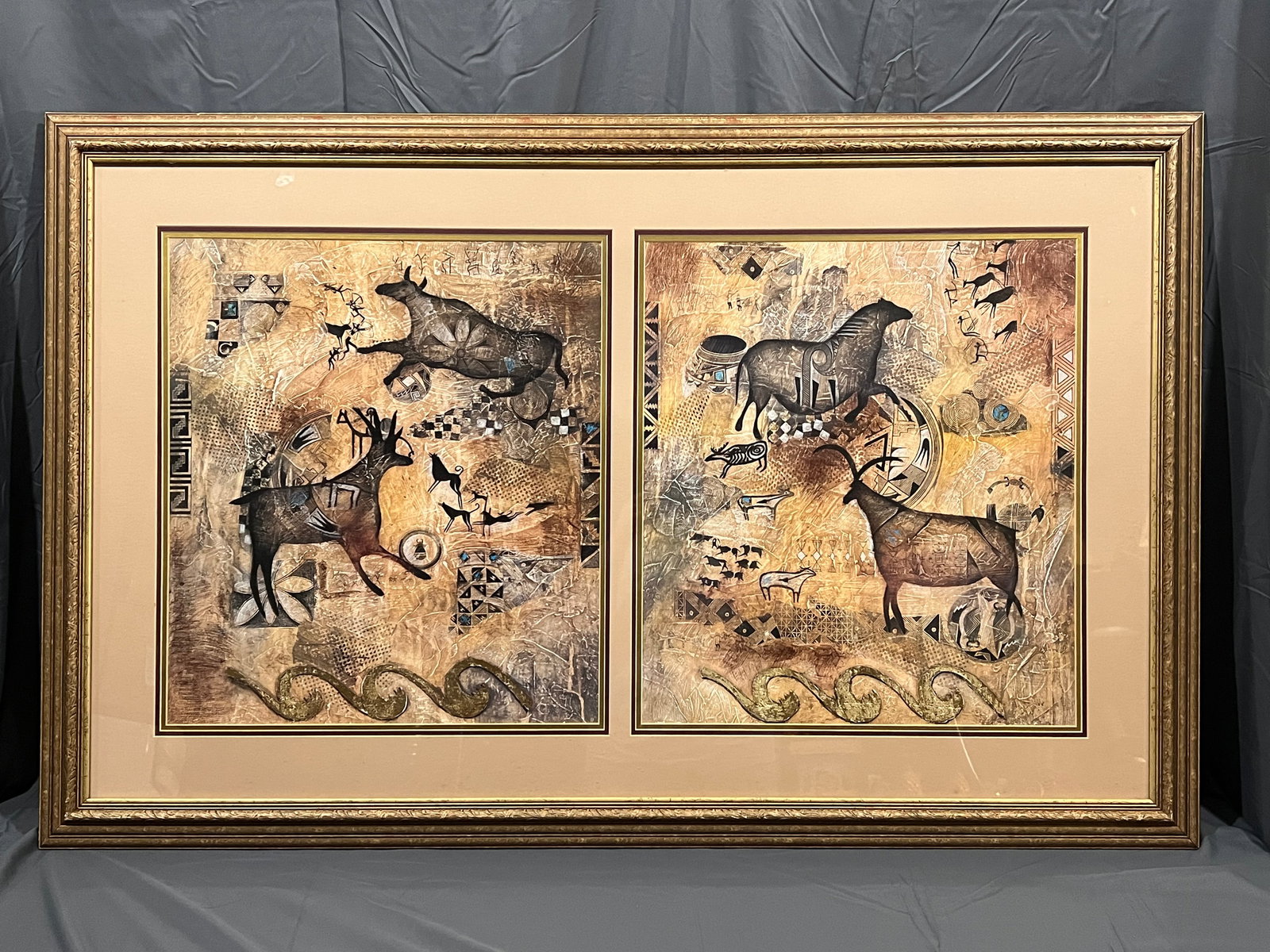 Framed Print Depicting Prehistoric Cave Art Imagery: Framed Print Depicting Prehistoric Cave Art Imagery. In modern frame