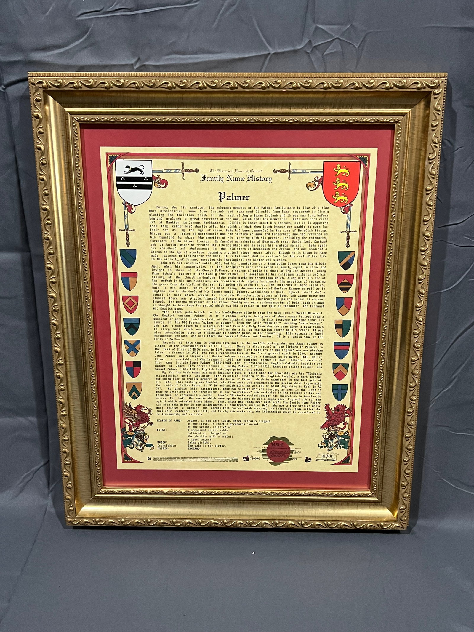 Framed Family Name History and Coat of Arms Scroll Print: Framed Family Name History and Coat of Arms Scroll Print. In modern frame
